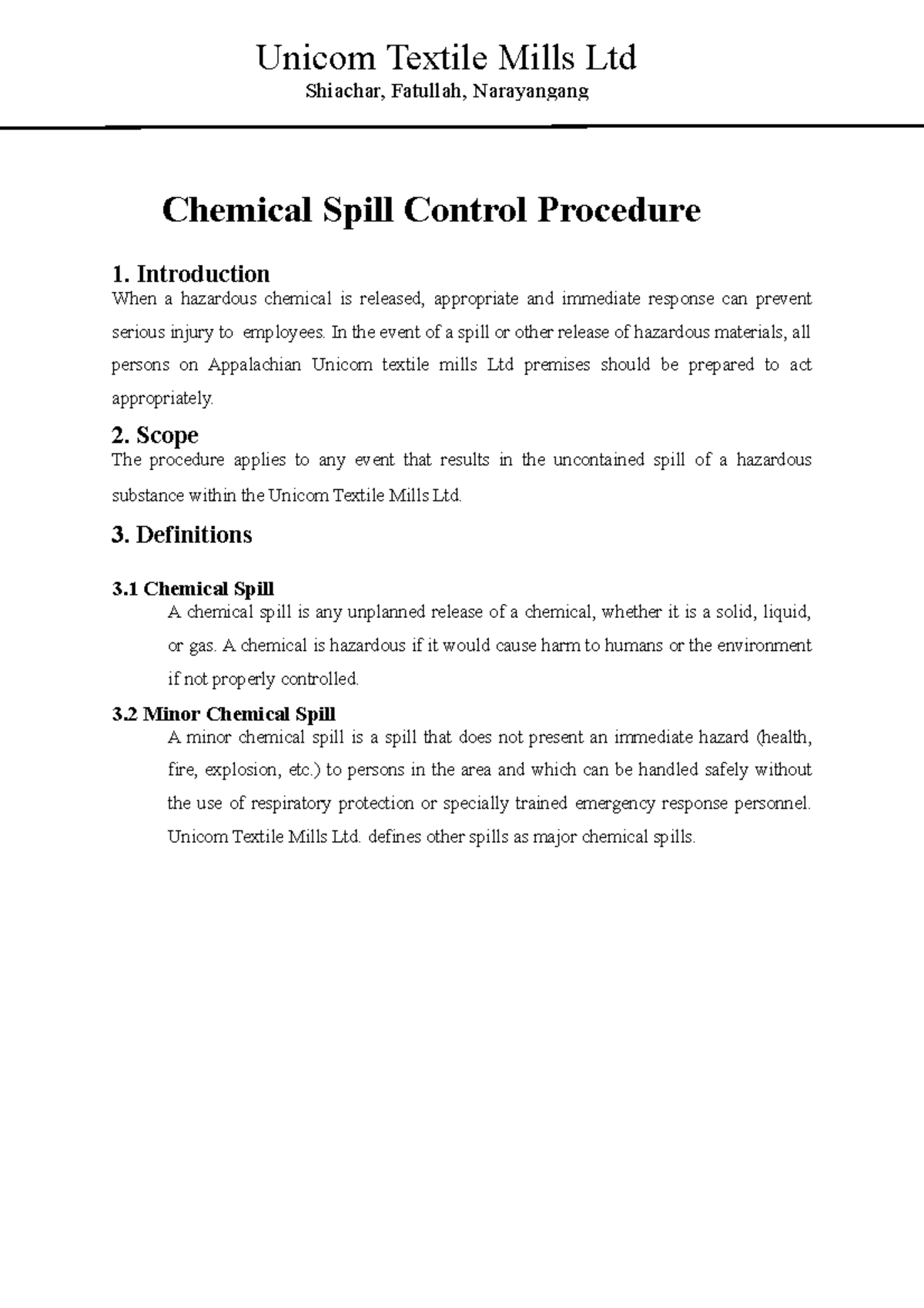 Chemical Spill Procedure - Chemical Spill Control Procedure 1 ...