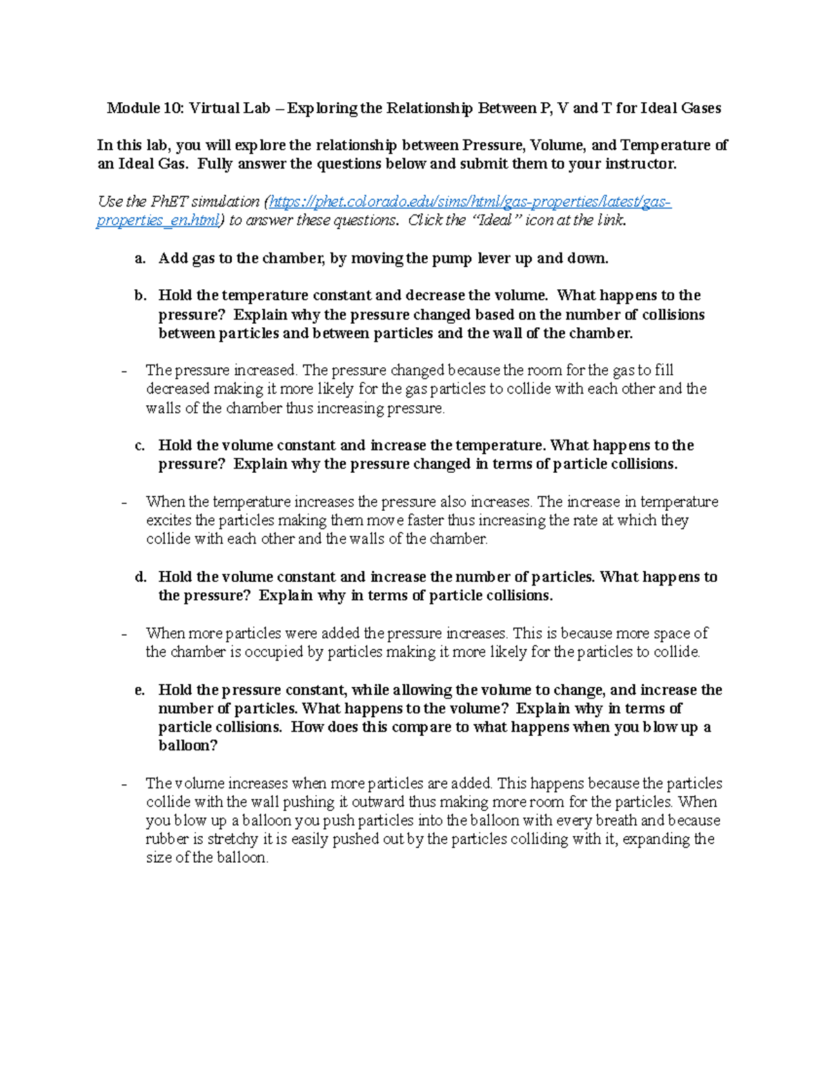 Virtual Lab Gas Laws1 Module 10 Virtual Lab Exploring the Relationship Between P, V and