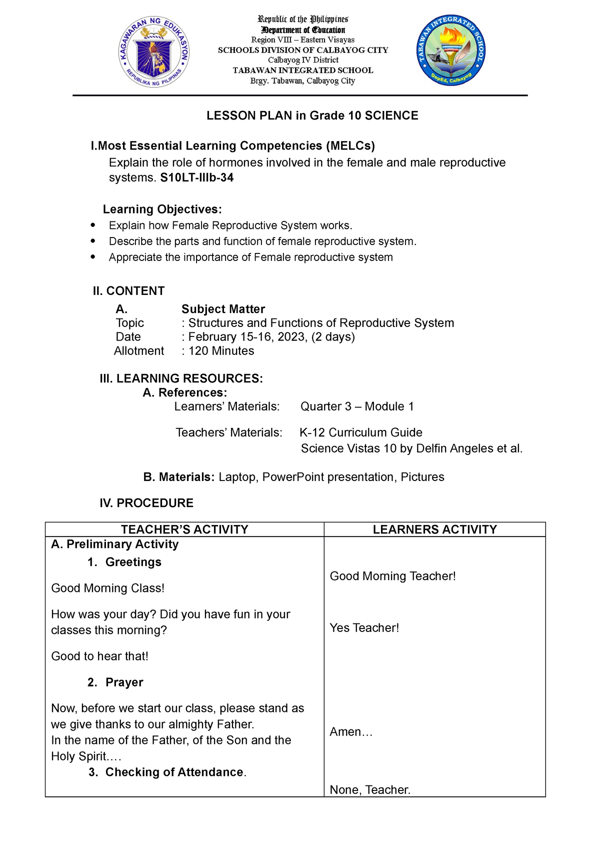 February 15-16, 2023 - Science 10 Lesson Plan - Lesson Plan In Grade 10 