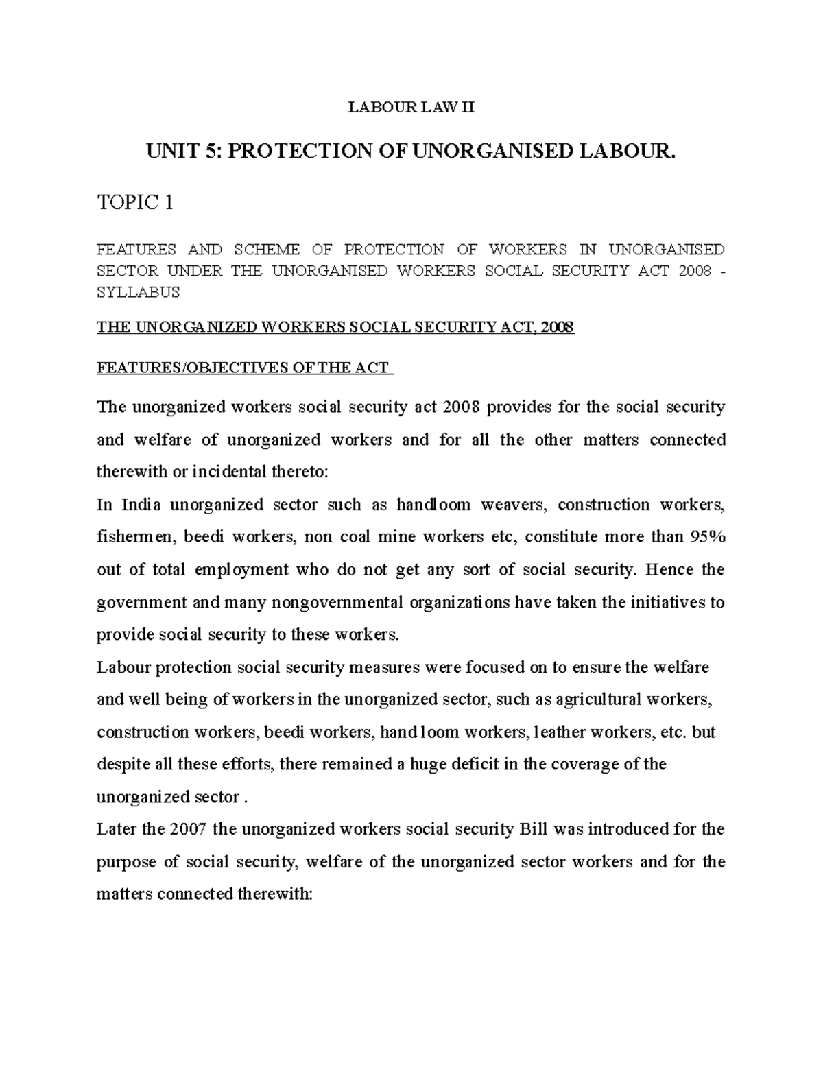 Unit 5 labour law notes - LABOUR LAW II UNIT 5: PROTECTION OF ...