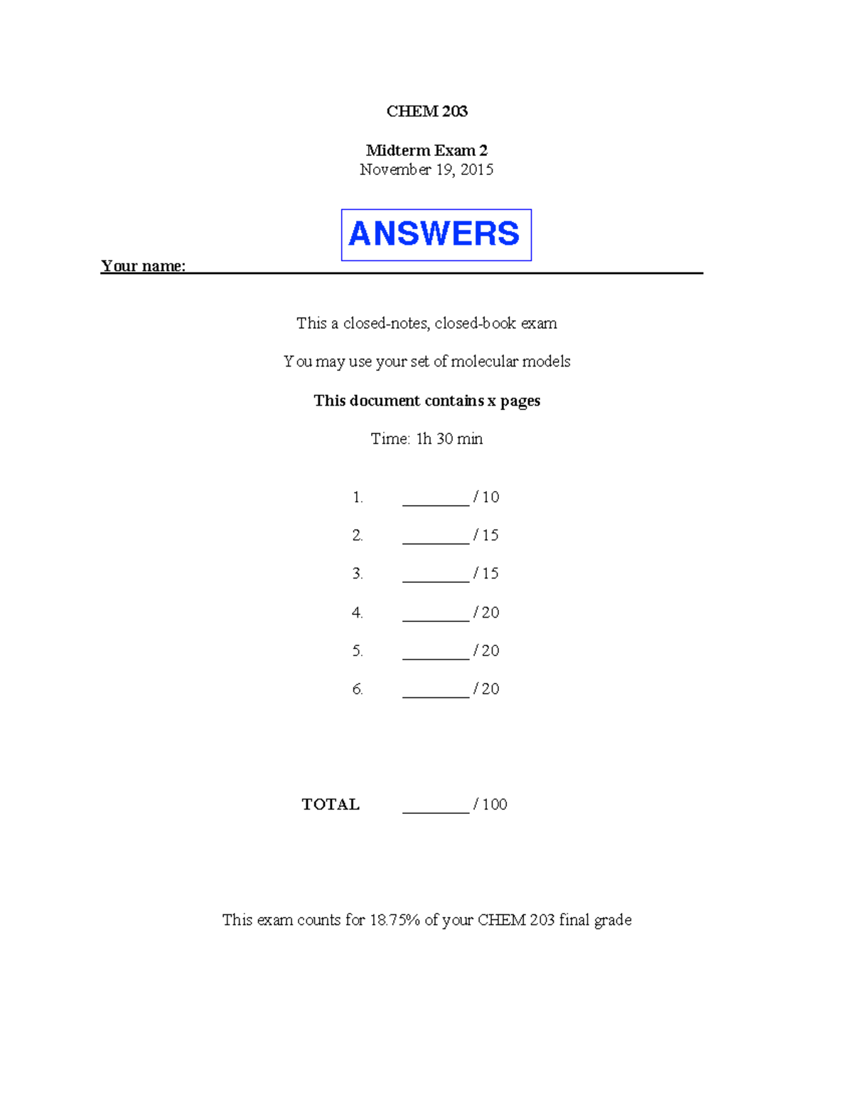 Exam 19 November 2015, questions and answers - CHEM 203 Midterm Exam 2 ...