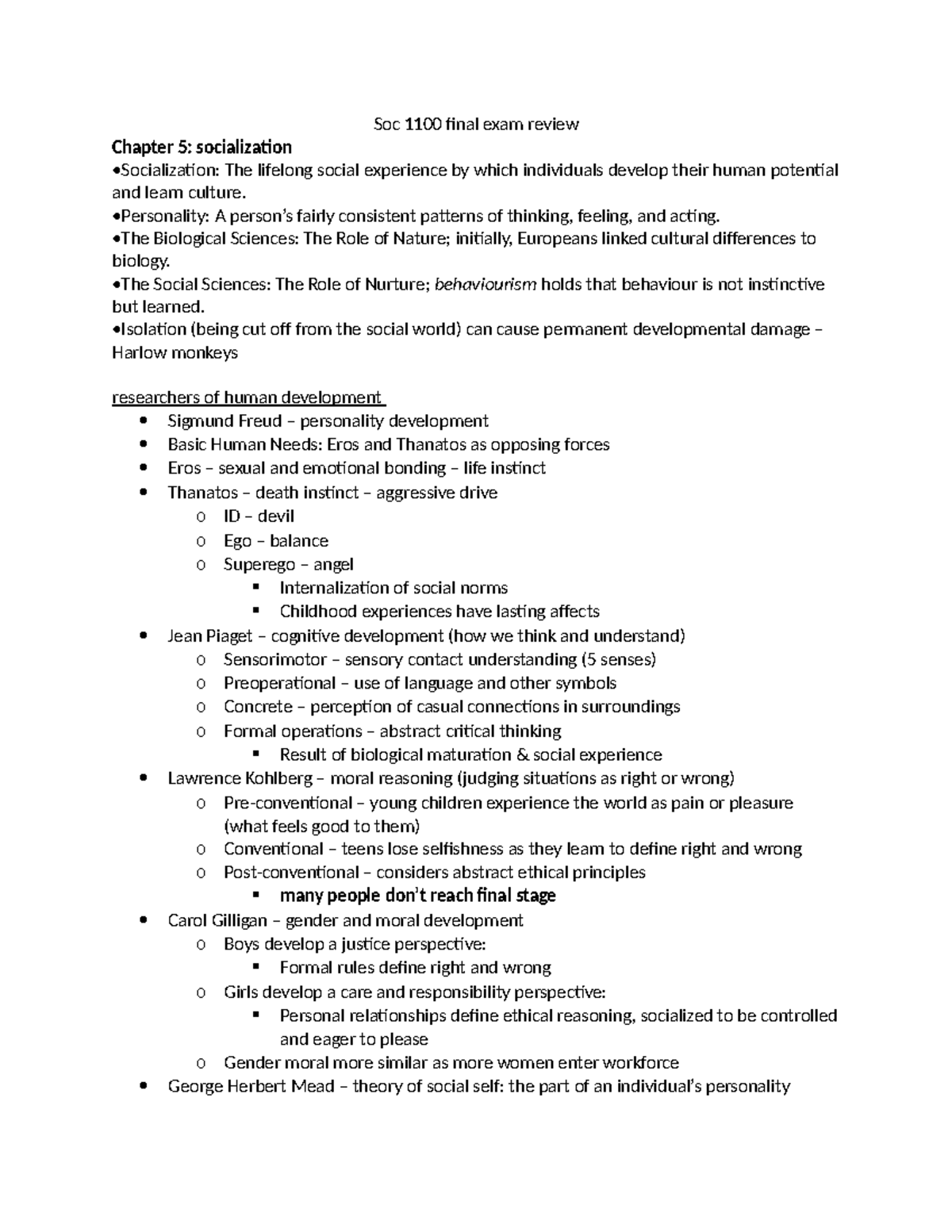 Soc 1100 final exam review - Soc 1100 final exam review Chapter 5 ...