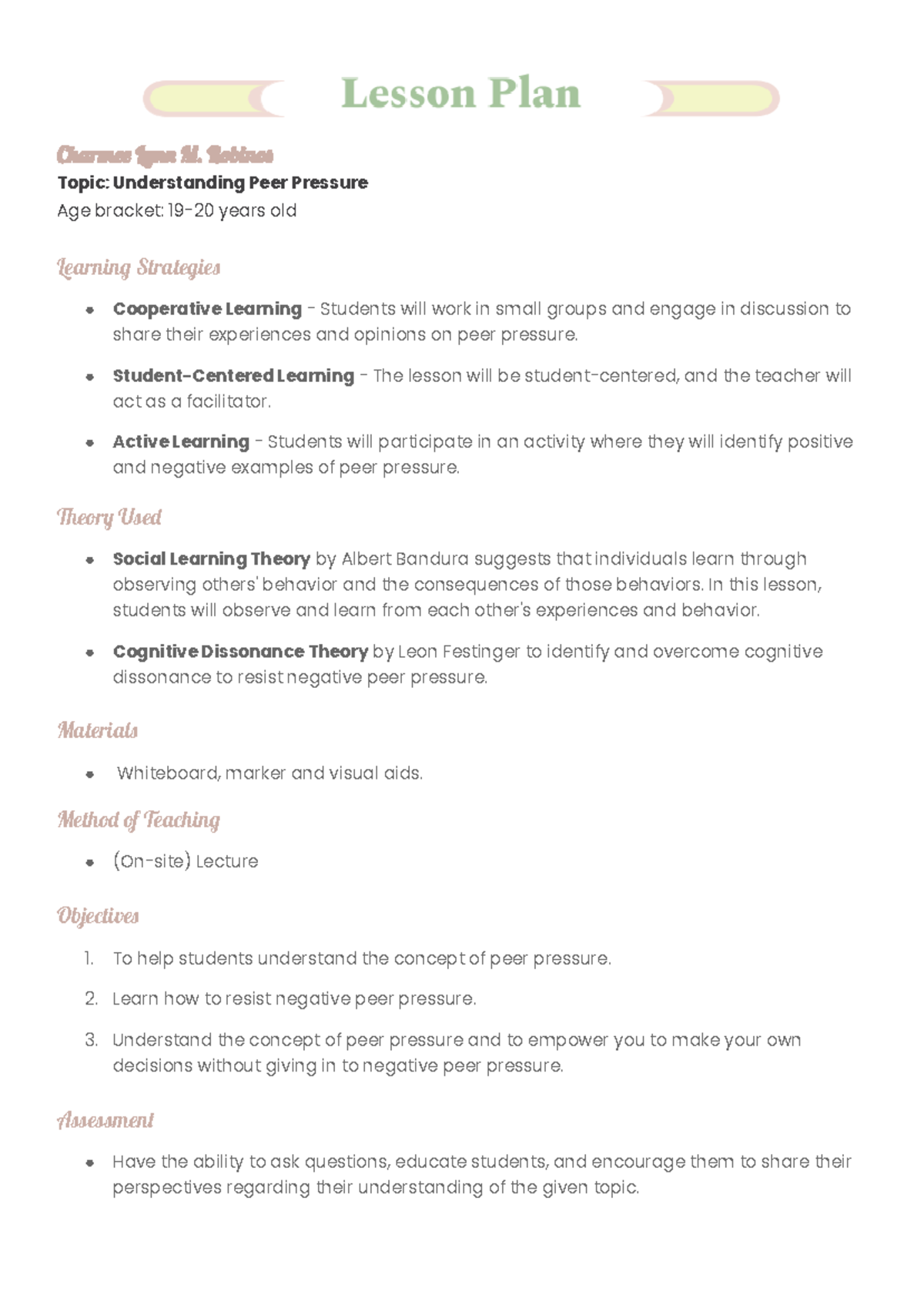 Sample Lesson PLAN Health Education - Charme Lyn M. Robin Topic ...