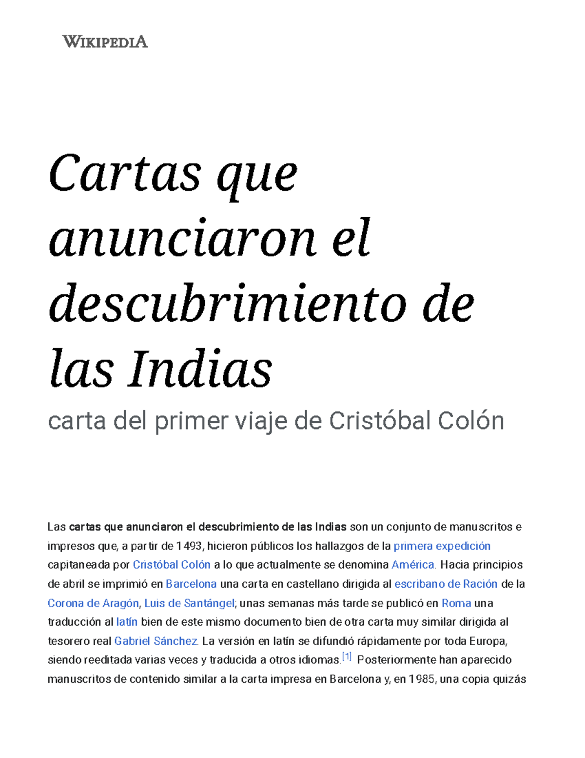 Cartas que anunciaron el descubrimiento de las Indias - Wikipedia, la ...
