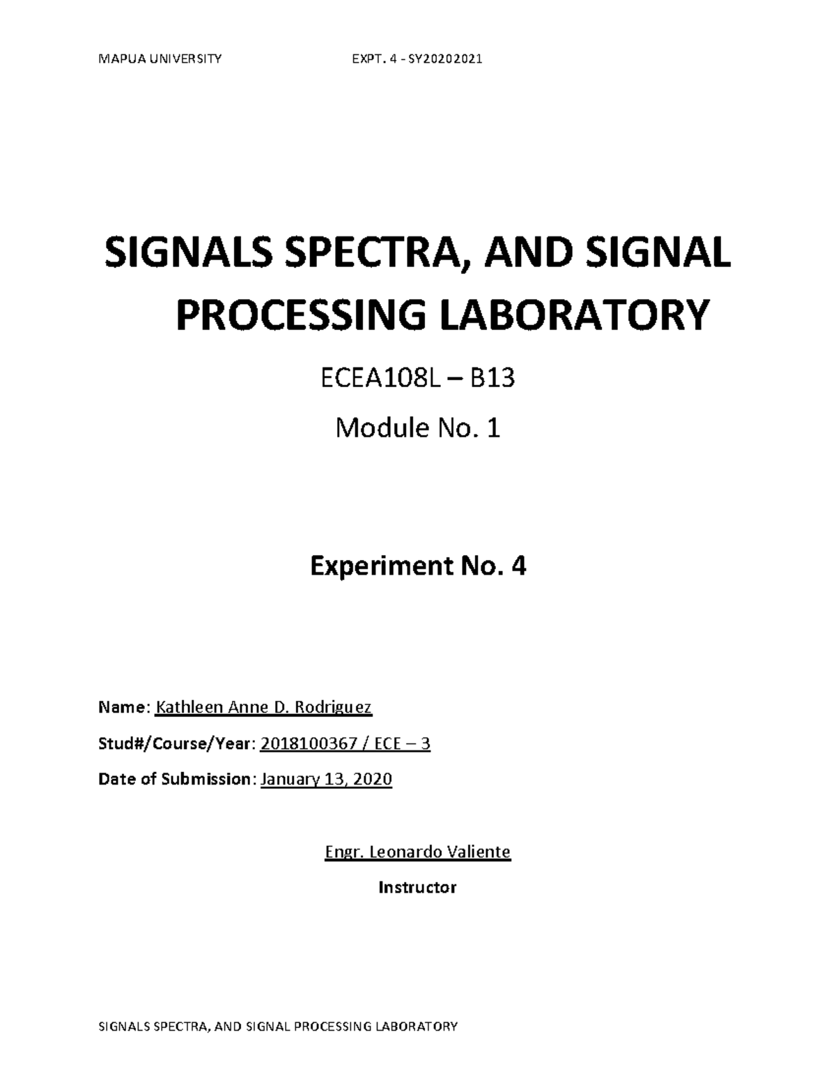 Rodriguez ECEA108L Experiment 4 SIGNALS SPECTRA, AND SIGNAL