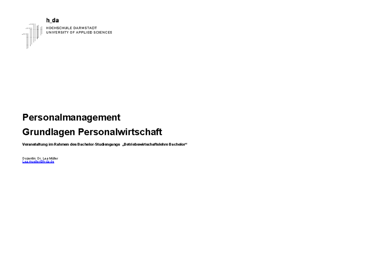 Vorlesung Personalmanagement 1 Grundlagen Wi Se 202324 ...