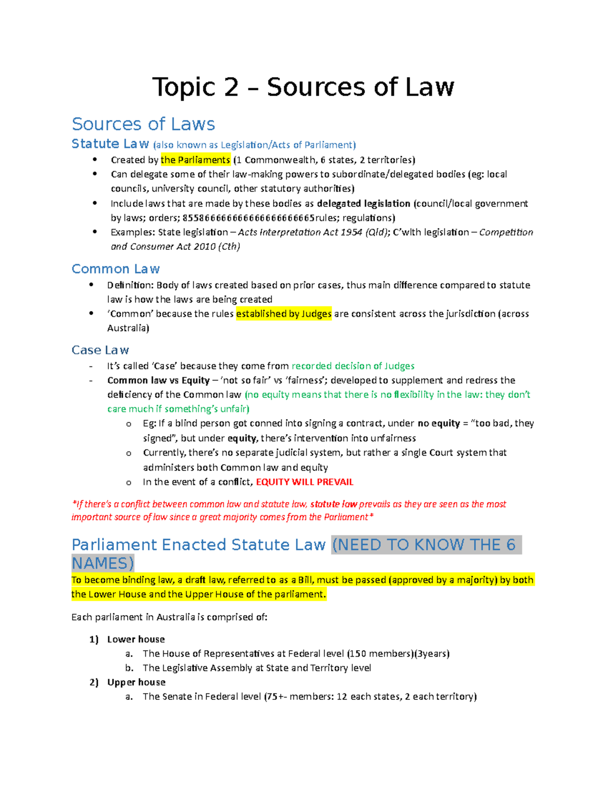 LAWS1100, Week 2[284] Law week 2 notes Topic 2 Sources of Law
