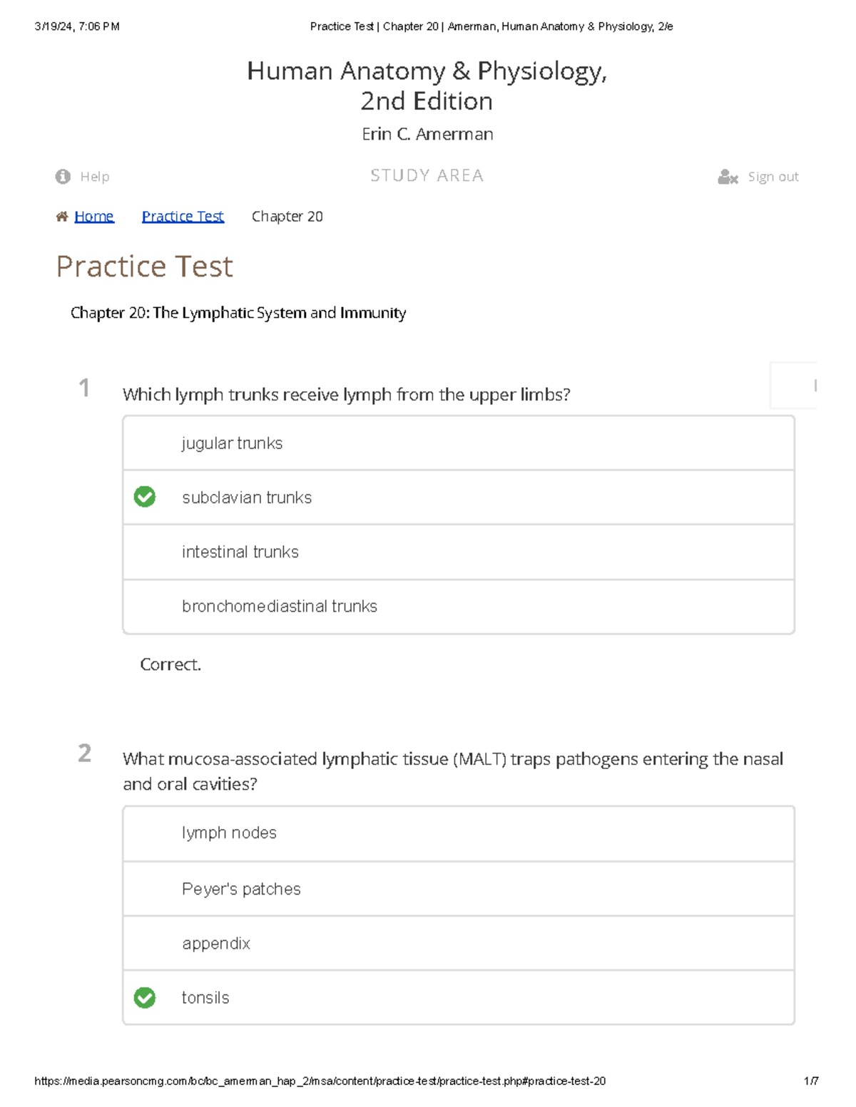 Practice Test Chapter 20 Amerman, Human Anatomy & Physiology, 2 E - 1 2 ...