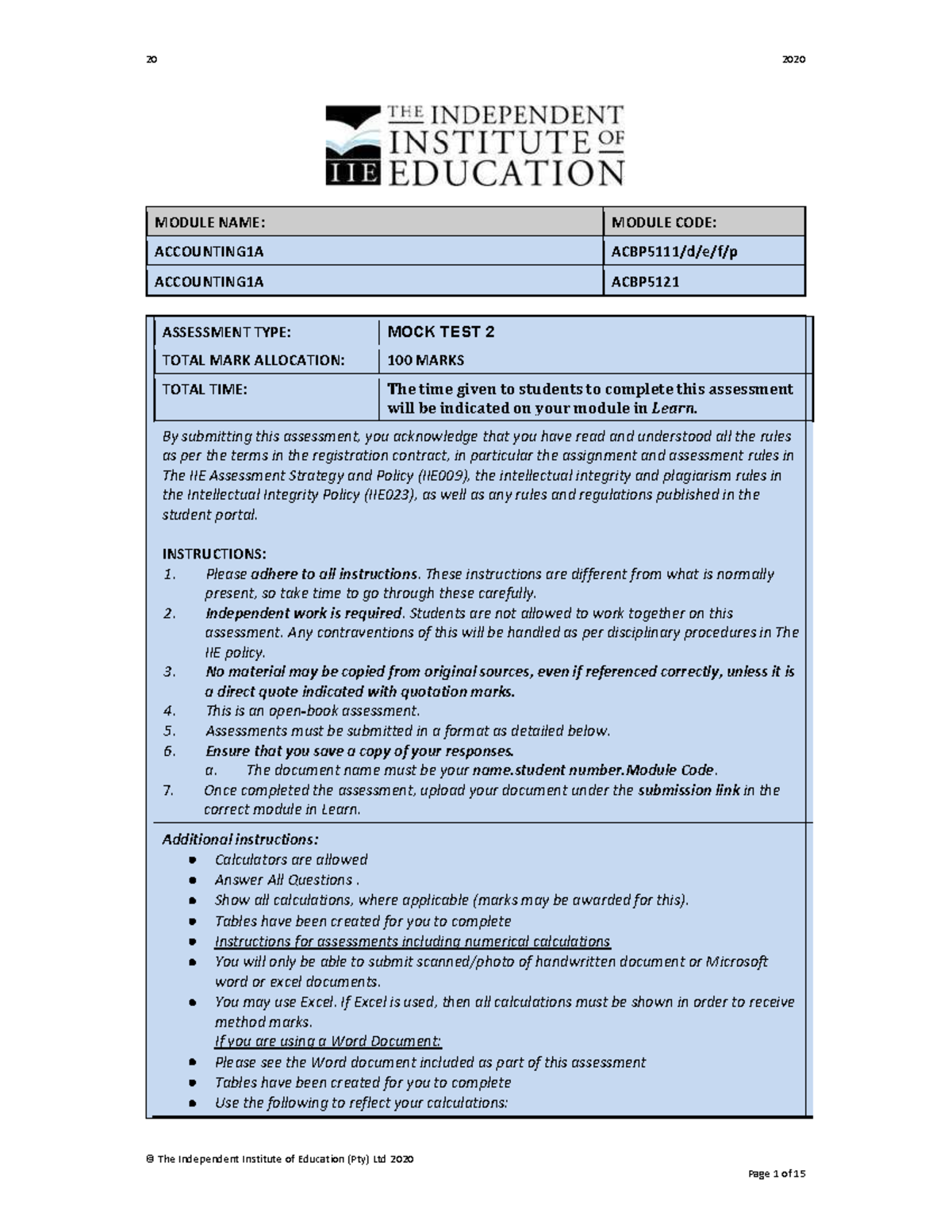 ACBP111 - Mock Test - THIS WAS SET FOR A TEST Preparation - MODULE NAME ...