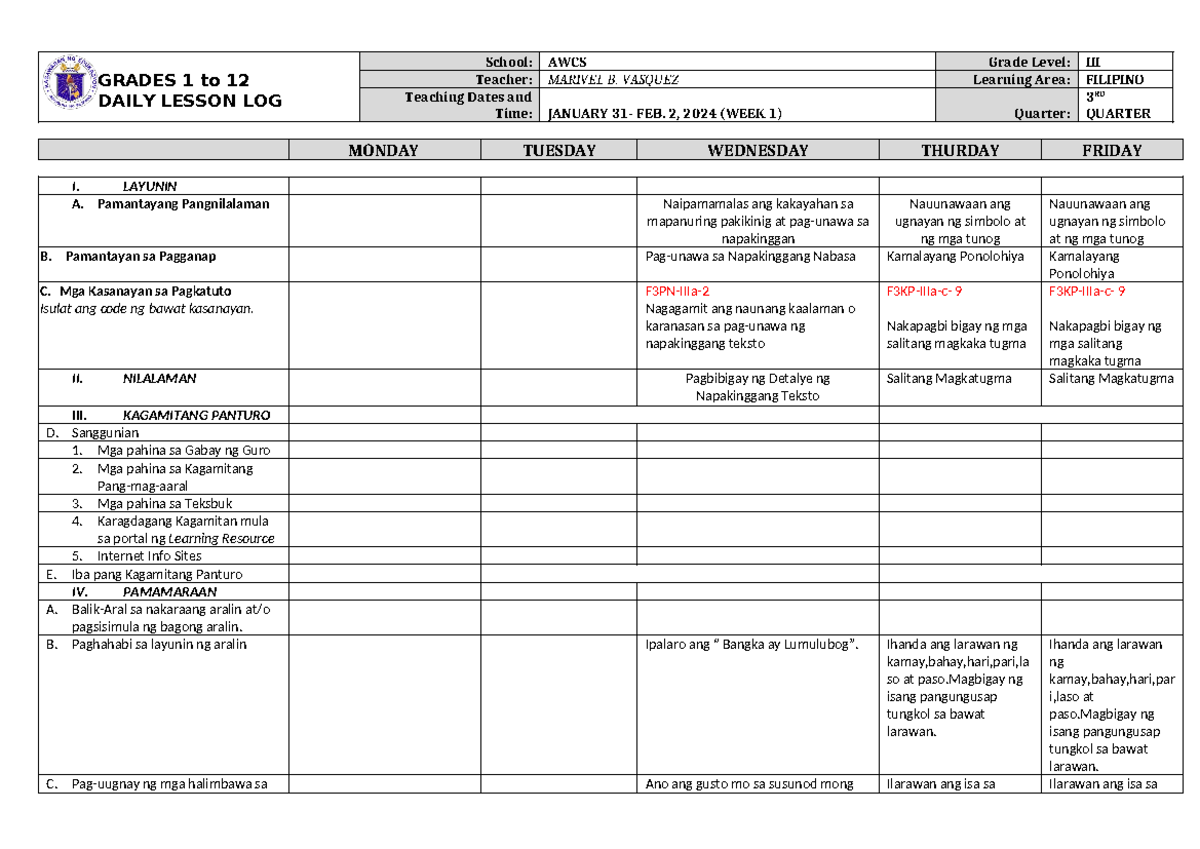 DLL Filipino 3 Q3 W1 - assignment - GRADES 1 to 12 DAILY LESSON LOG ...
