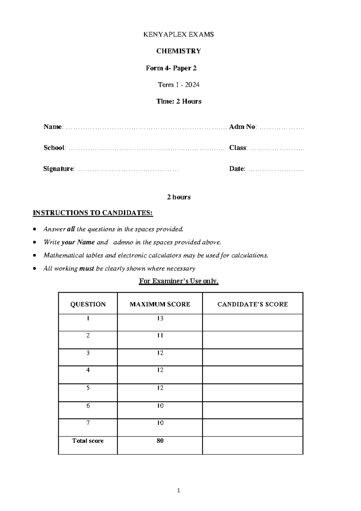 2260 Form 4 Chemistry Paper 2 End Of Term 1 Examination 2024 Pdf Format 