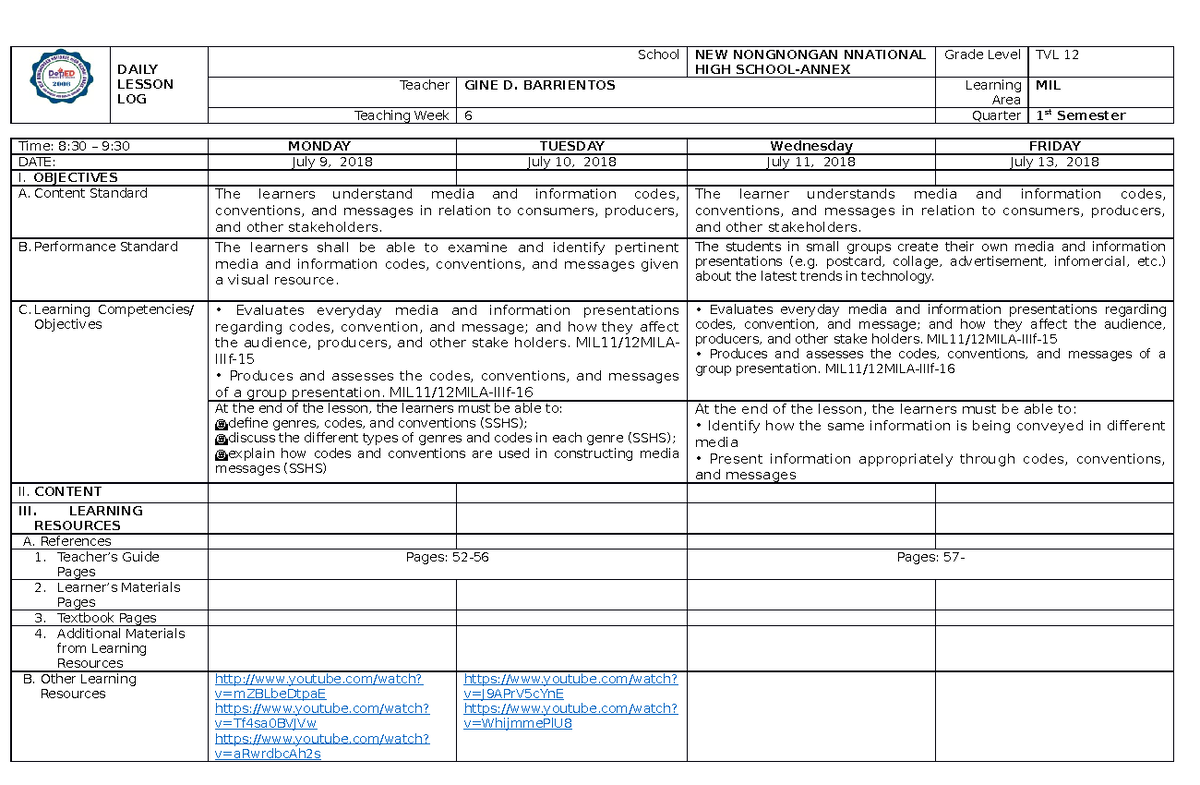 Week 6 MIL - Lesson Plan in Media and Information Literacy First ...