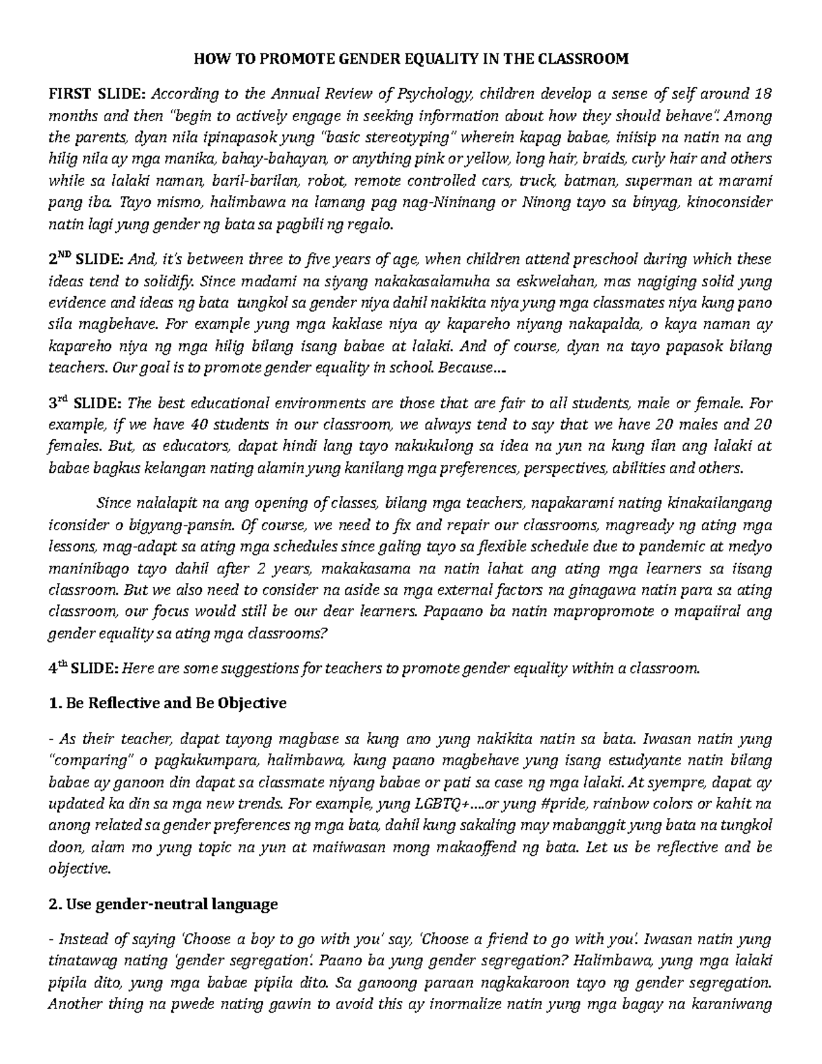 GAD HOW TO Promote Gender Equality IN THE Classroom - HOW TO PROMOTE ...