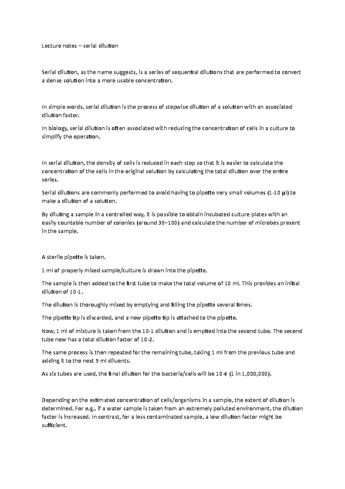 Lecture notes serial dilution Lecture notes serial dilution