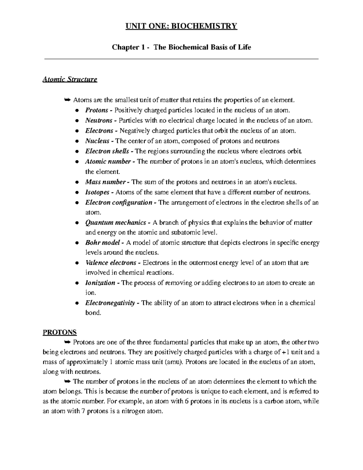 Biochemistry Chapter 1 Section 1 Atomic Structure - UNIT ONE ...