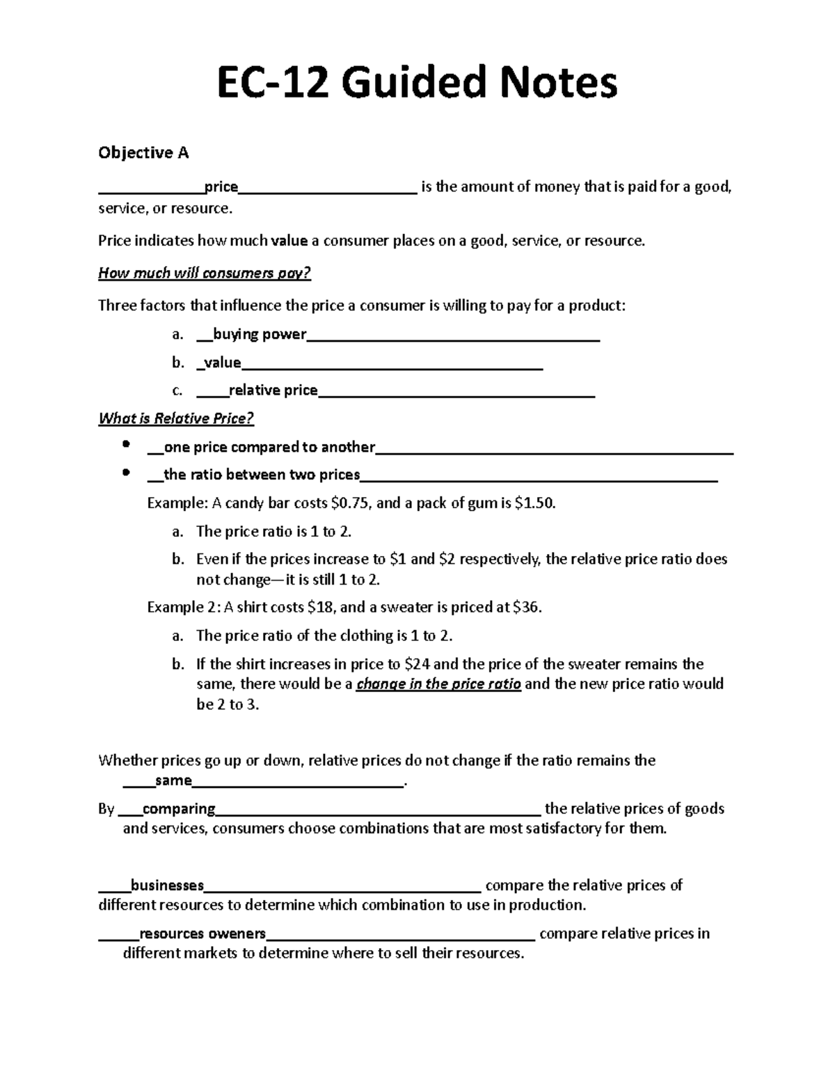 EC-12 Guided Notes - used - Objective A price_________ is the amount of ...