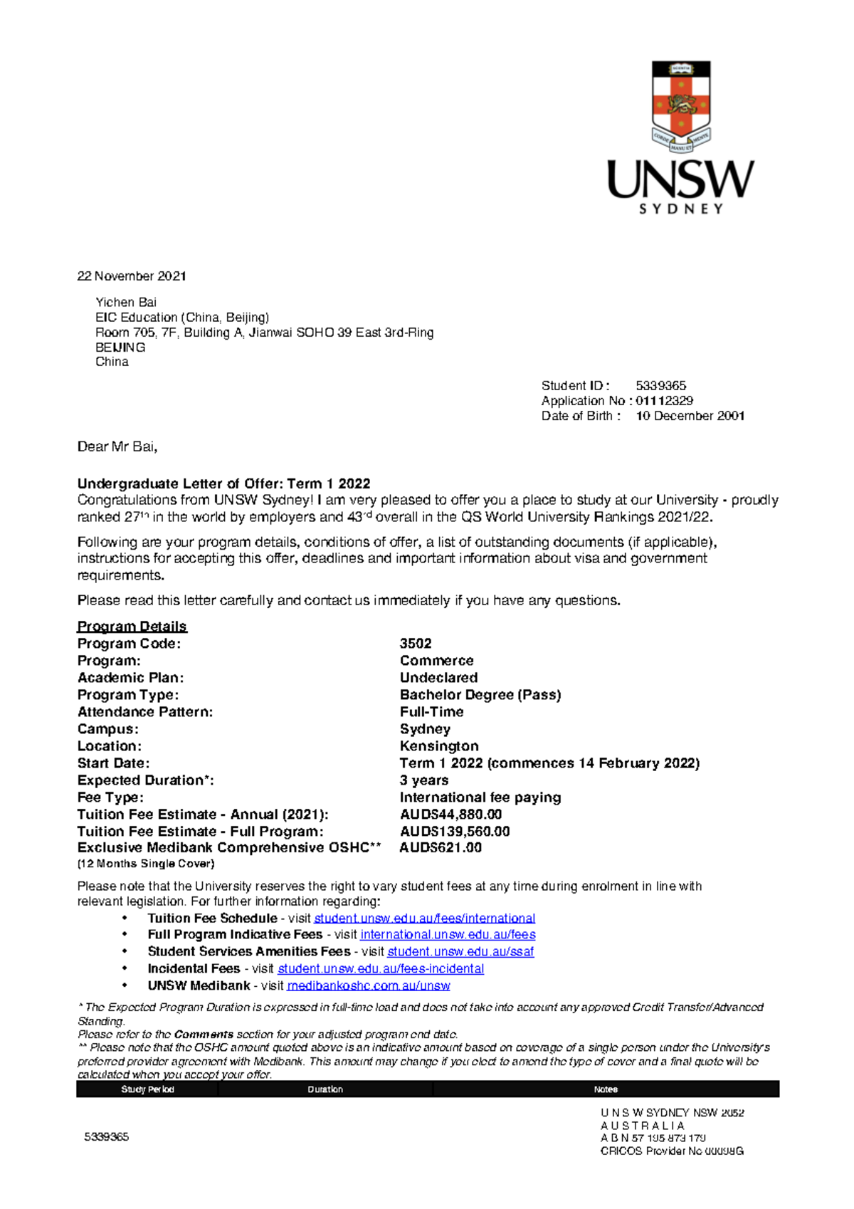 UNSW Offer Letter PDF PDF Travel Visa Credit Card, 53% OFF