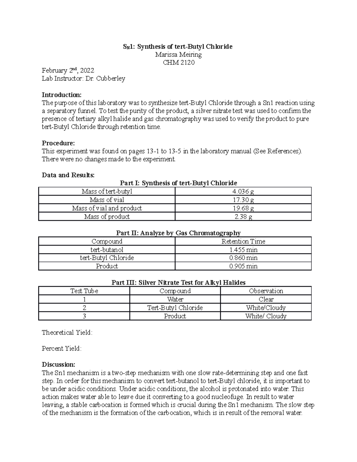 Meiring Sn 1 These are lab reports written from conducted experiments