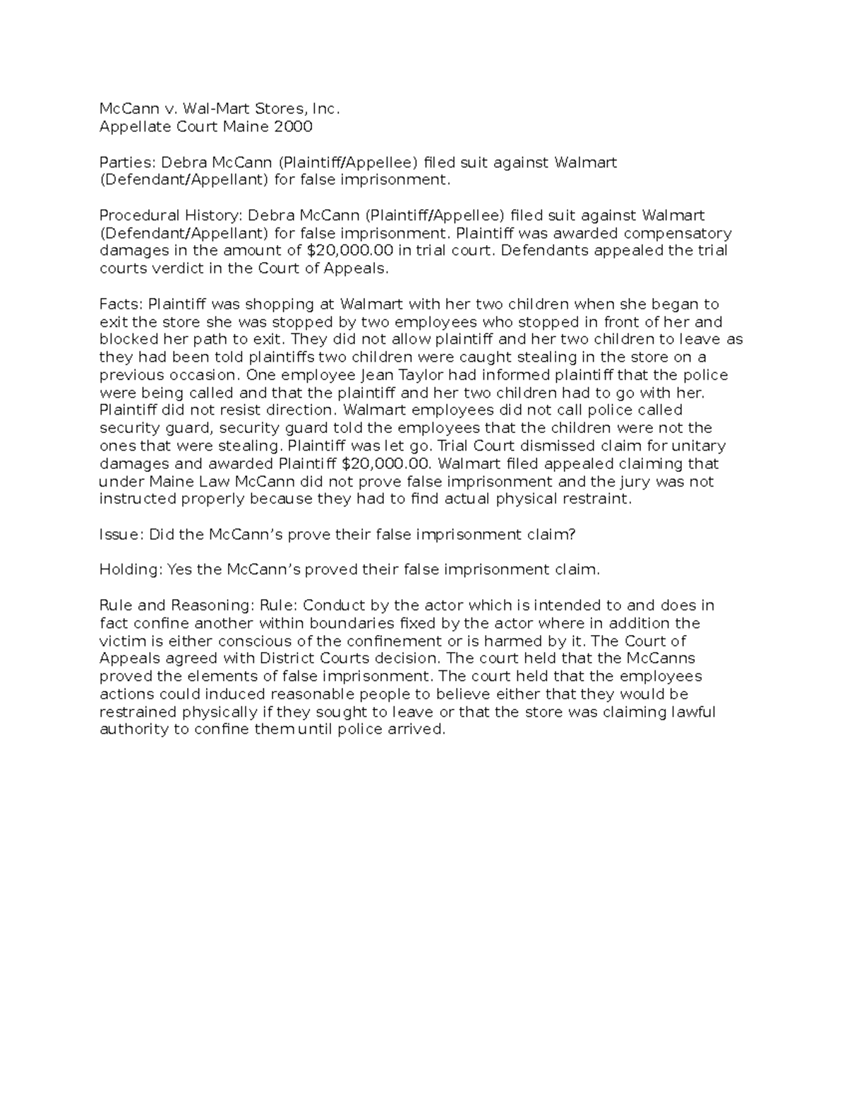 Mc Cann V. Walmart Stores, Inc. False Imprisonment McCann v. WalMart