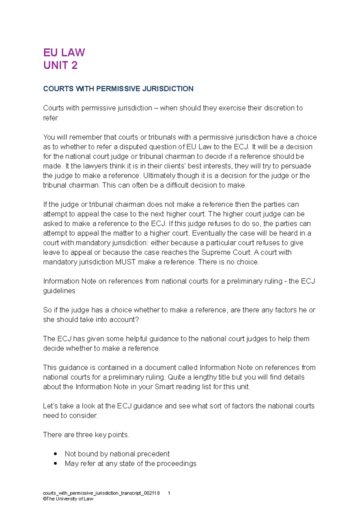 Courts with permissive jurisdiction transcript 002118 EU LAW UNIT 2