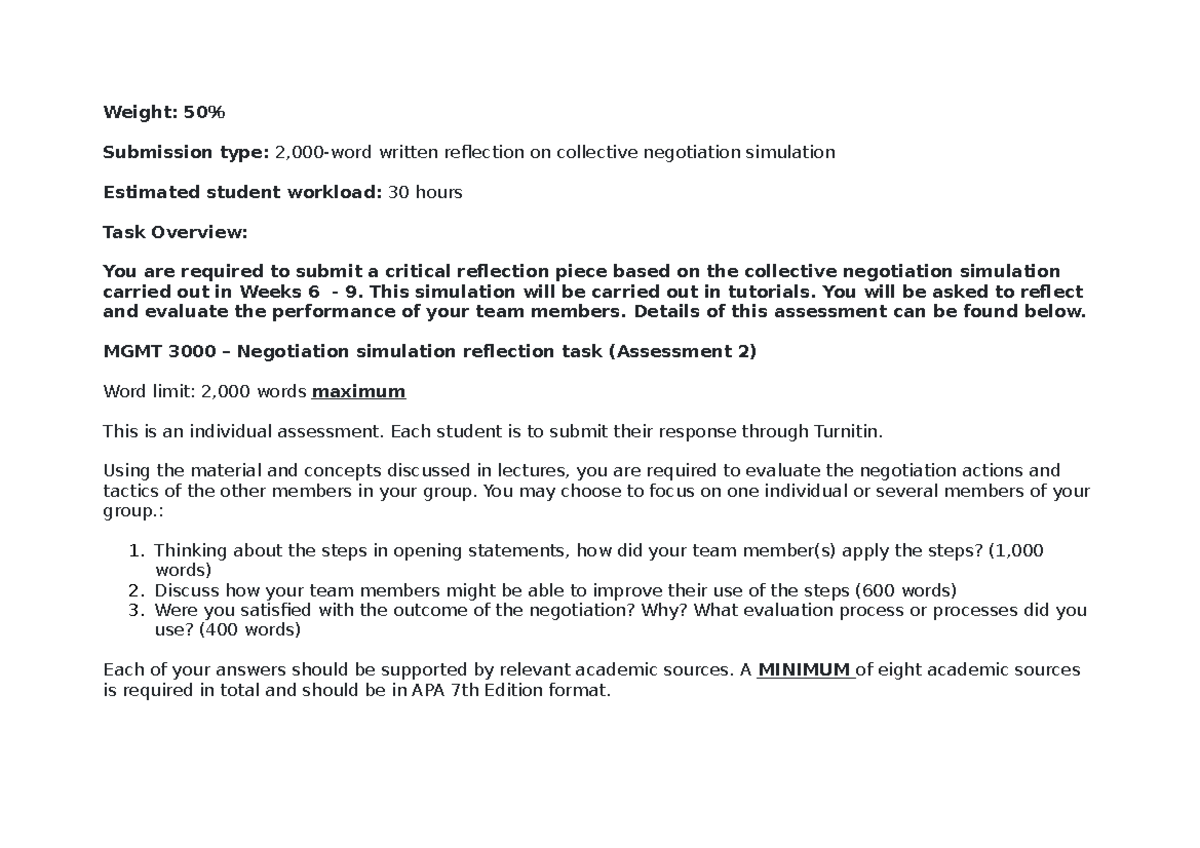 negotiation simulation reflection task assessment 2 - Weight: 50% ...