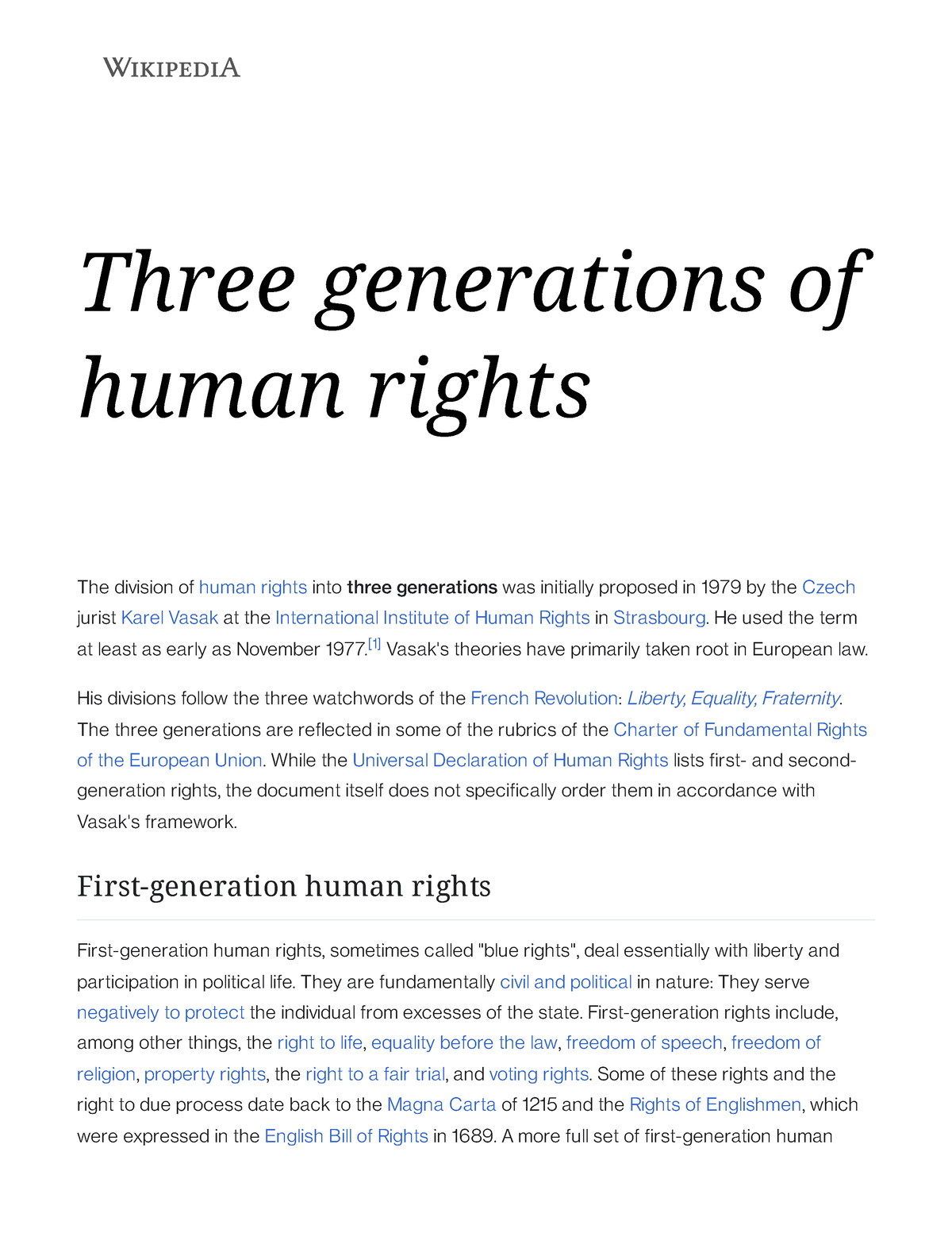 Three generations of human rights - Wikipedia - Three of human rights - Studocu