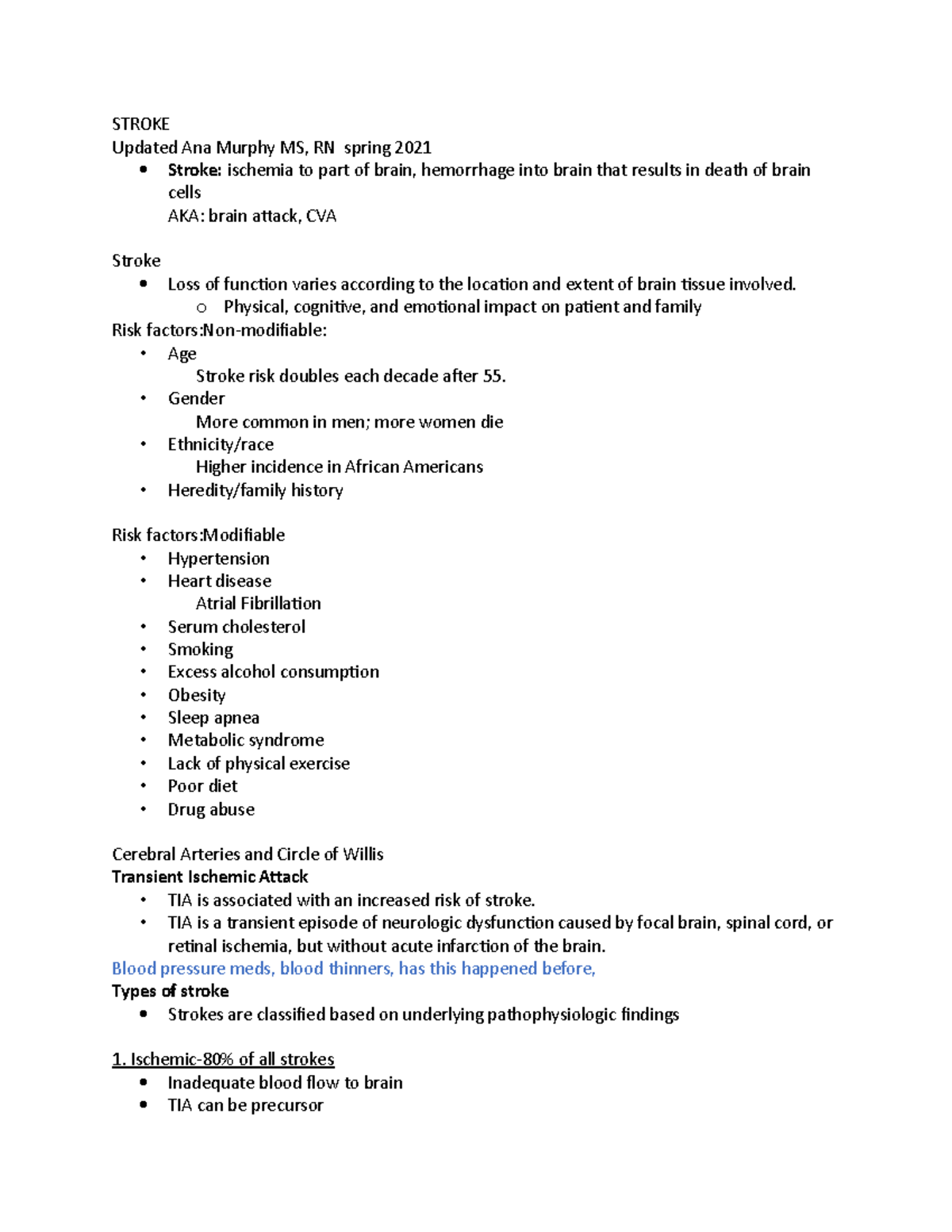 NUR lesson 6 B Strokes - STROKE Updated Ana Murphy MS, RN spring 2021 ...