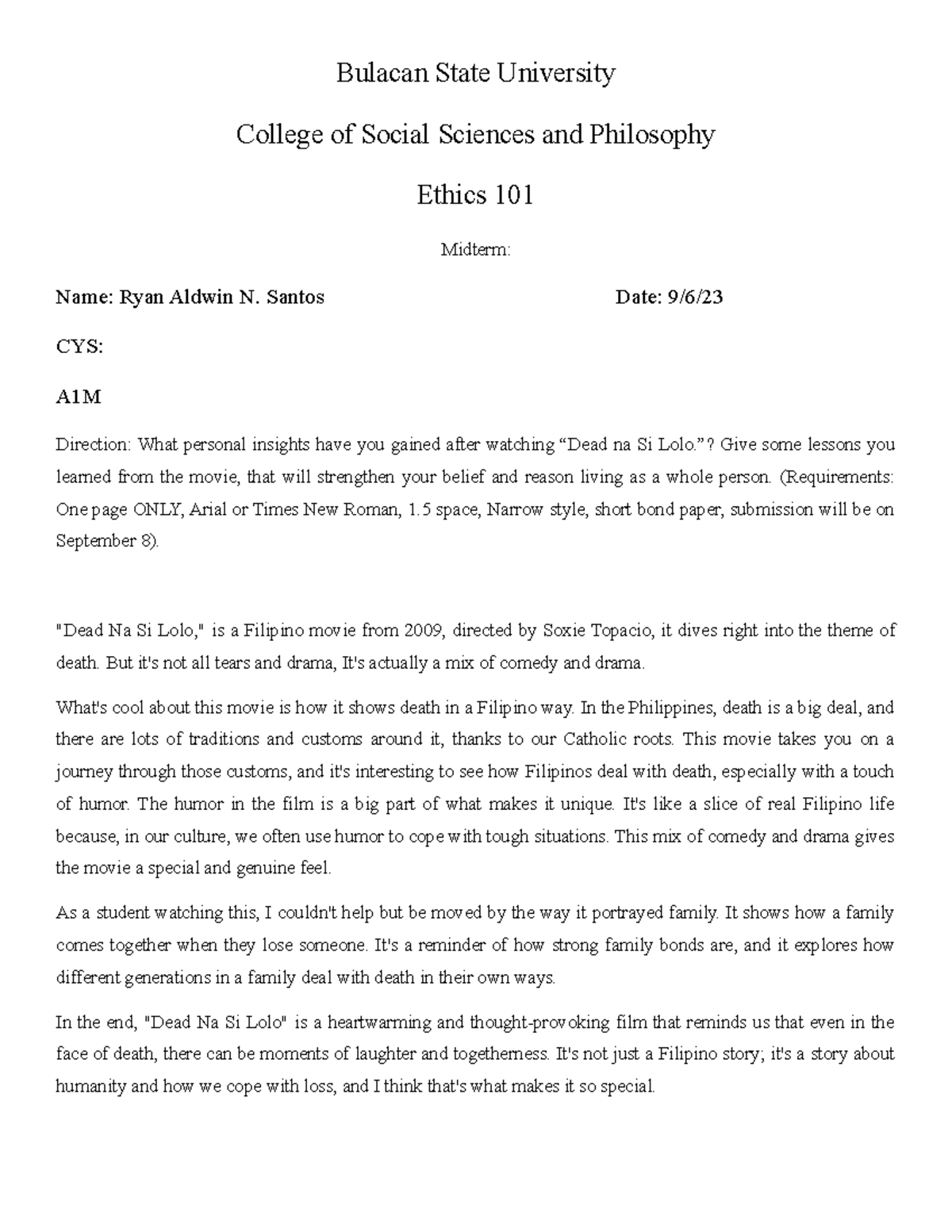 Ethics-assignment - wvcjhe9vhsufvosaiufw9pdw - Bulacan State University ...