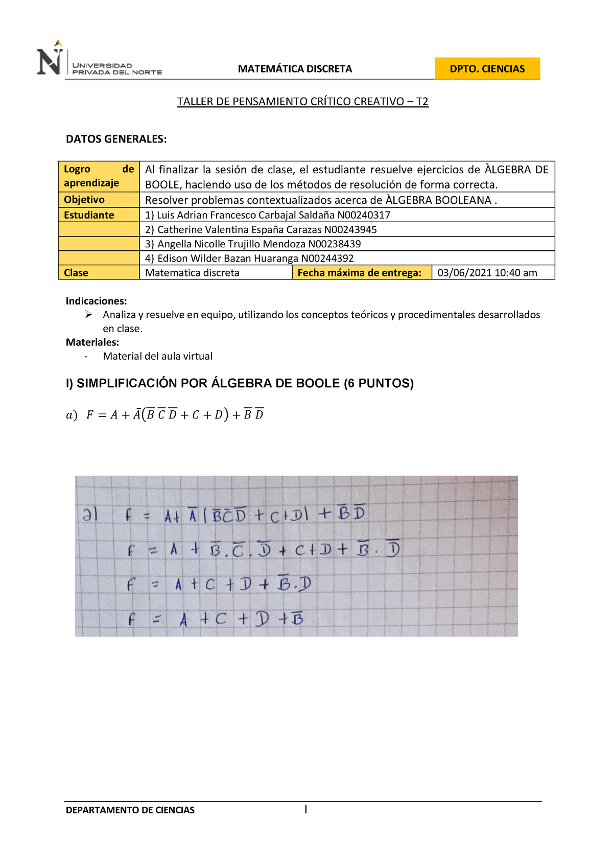 TPCC T2- Matdis-20201 1 - MATEMÁTICA DISCRETA DPTO. CIENCIAS TALLER DE ...