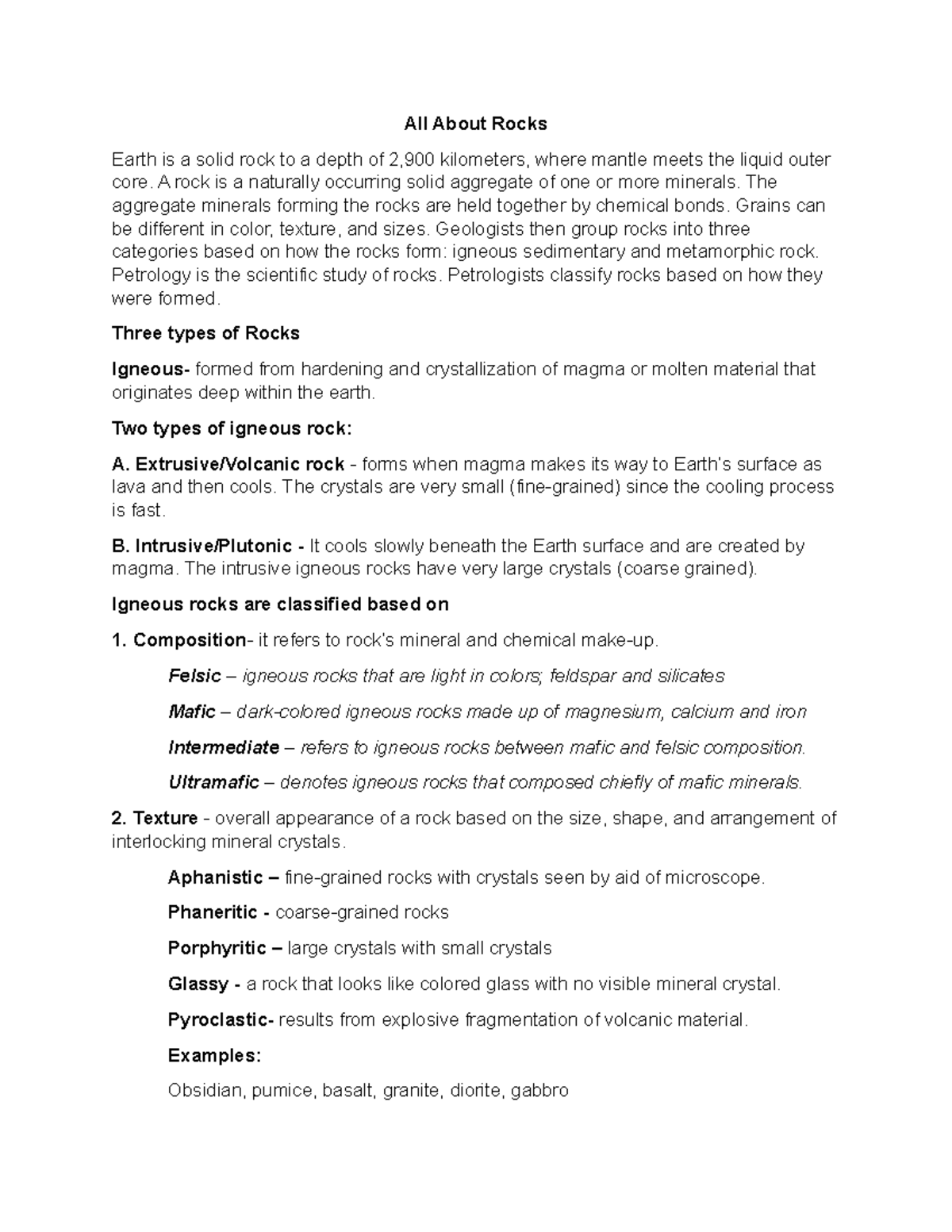 All About Rocks - Lecture notes 1 - Science, Technology, Engineering ...