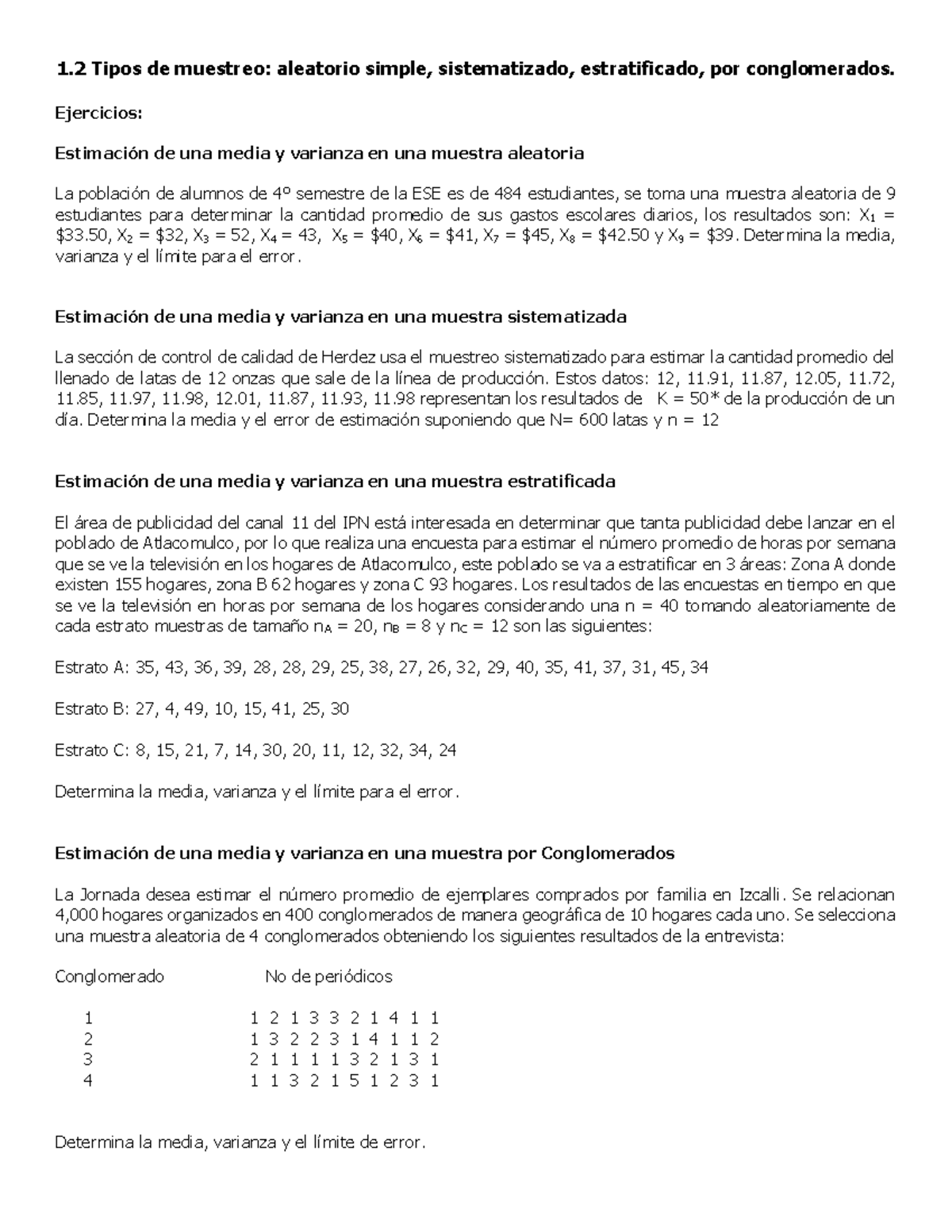 12 Ejercicios Y Tarea Tipo De Muestreo 1 Tipos De Muestreo Aleatorio Simple Sistematizado 1166