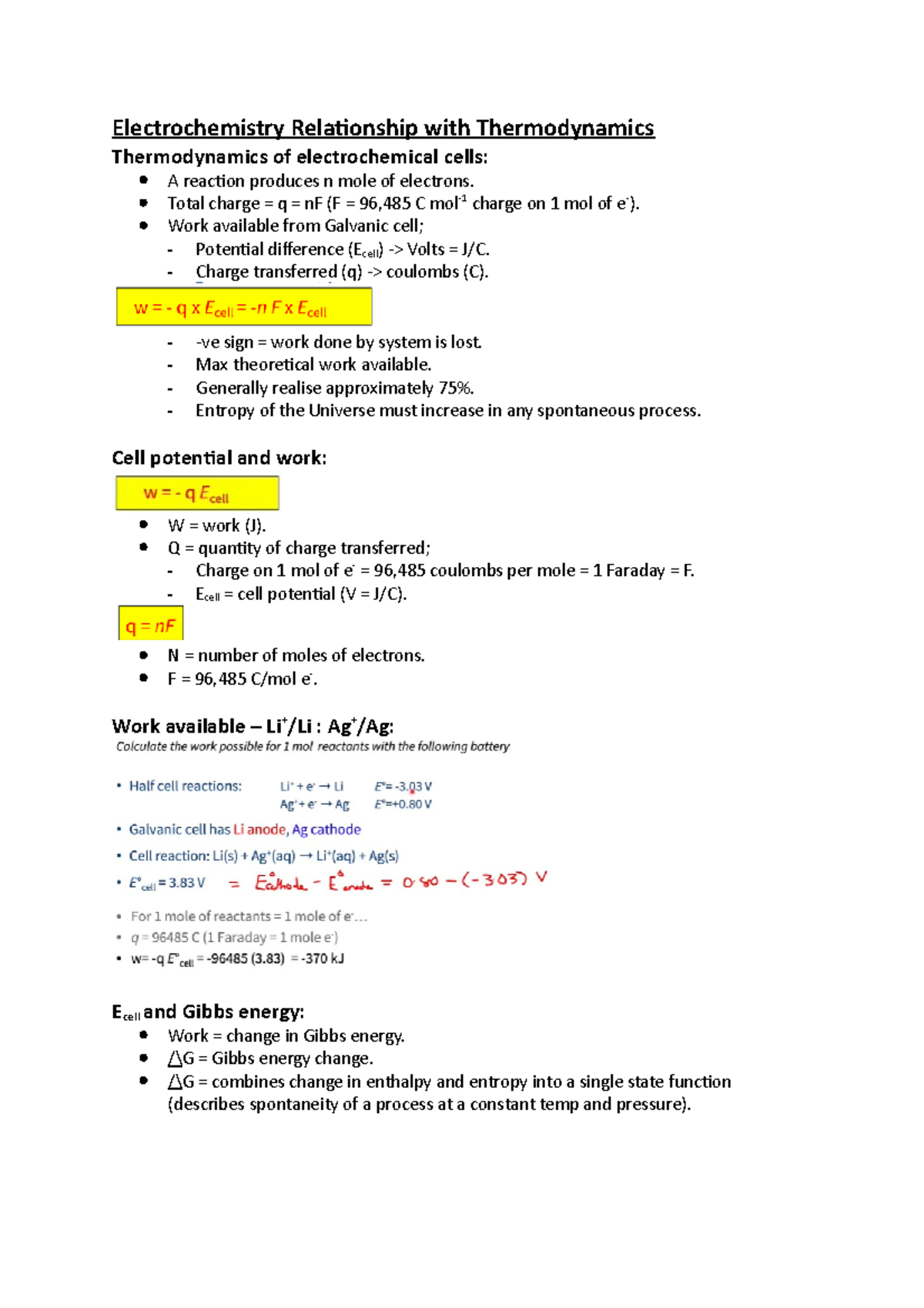 Electrochemistry Relationship with Thermodynamics Electrochemistry