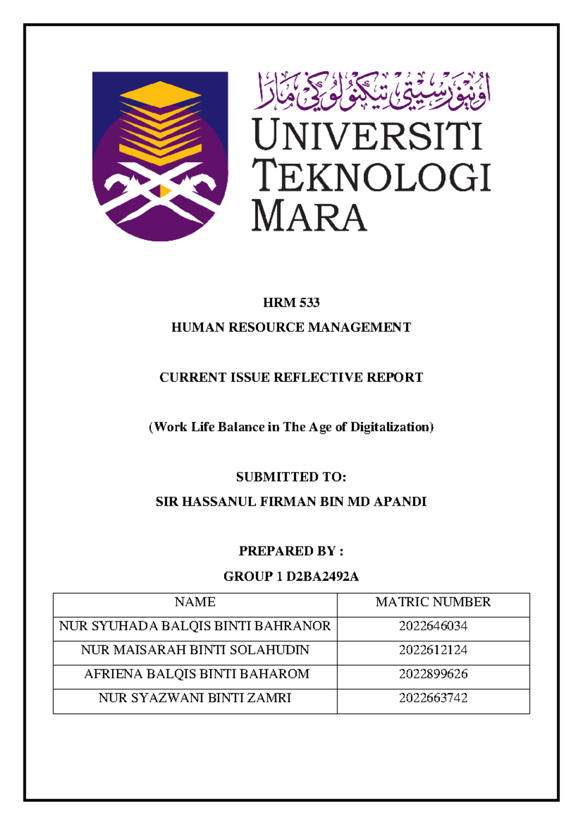 HRM 533 Cover PAGE - for references - HRM 533 HUMAN RESOURCE MANAGEMENT ...