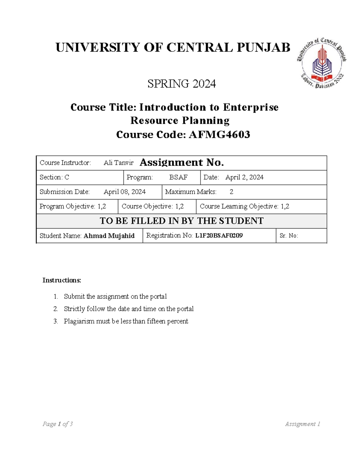 Assignment 1 Section C - Assignment No. UNIVERSITY OF CENTRAL PUNJAB ...