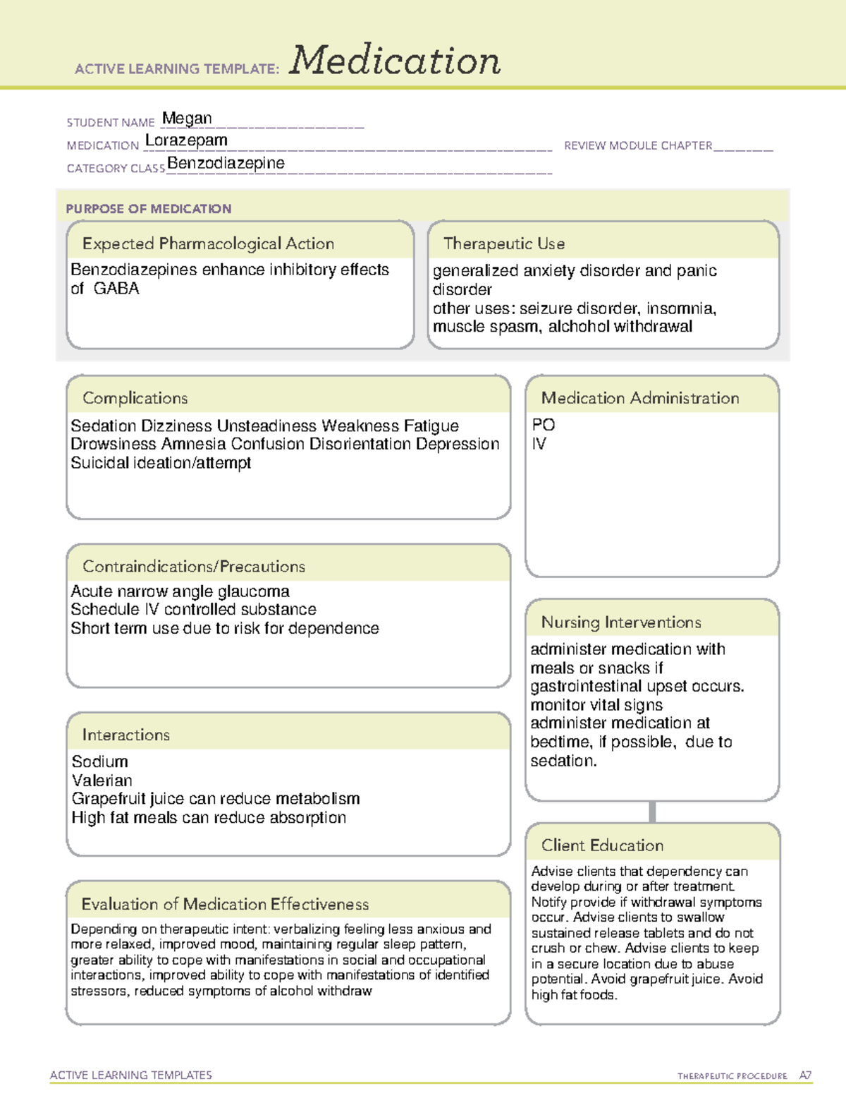 Active Learning Template Medication Lorazepam ACTIVE LEARNING 