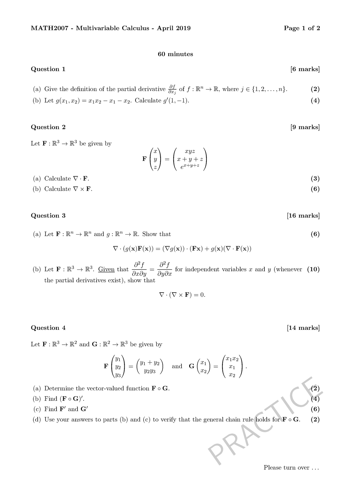 Practice Test 2019 - PRACTICE MATH2007 - Multivariable Calculus - April ...