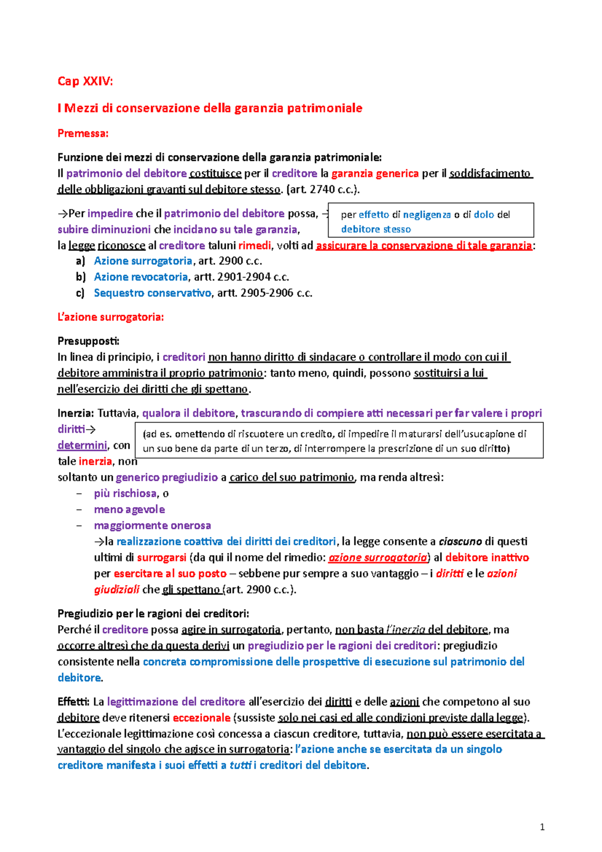Cap 24 I mezzi di conservazione della garanzia patrimoniale Cap XXIV I Mezzi di