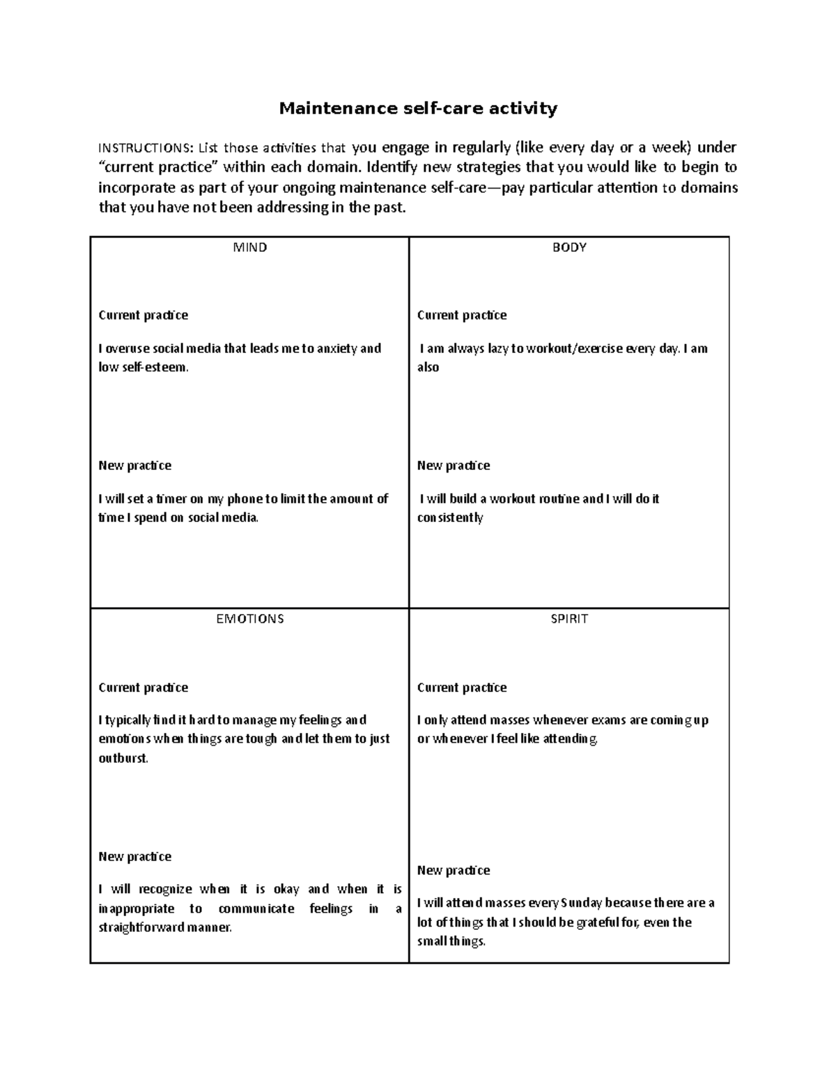Maintenance Self-Care Activity - Maintenance self-care activity ...