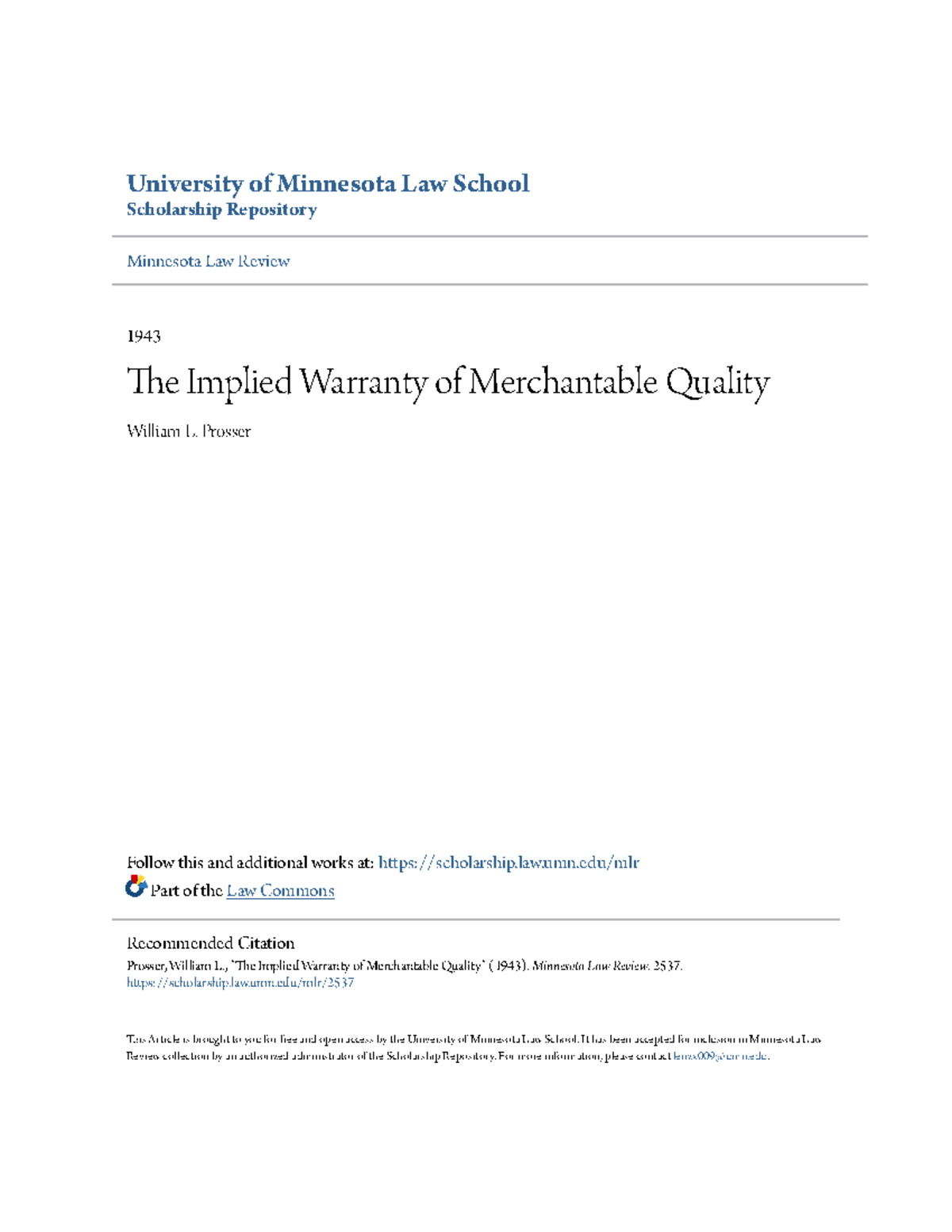 The Implied Warranty of Merchantable Quality University of Minnesota
