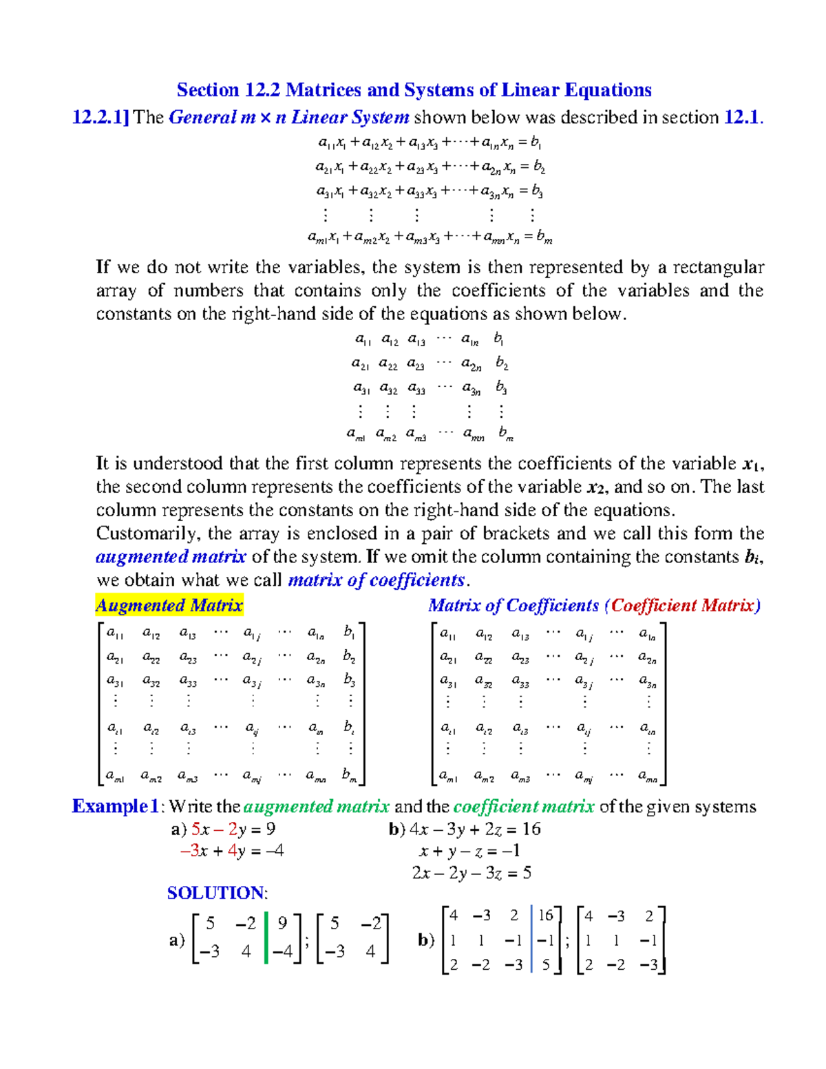 12 - Notes - 1 Section 12 Matrices And Systems Of Linear Equations 12 ...