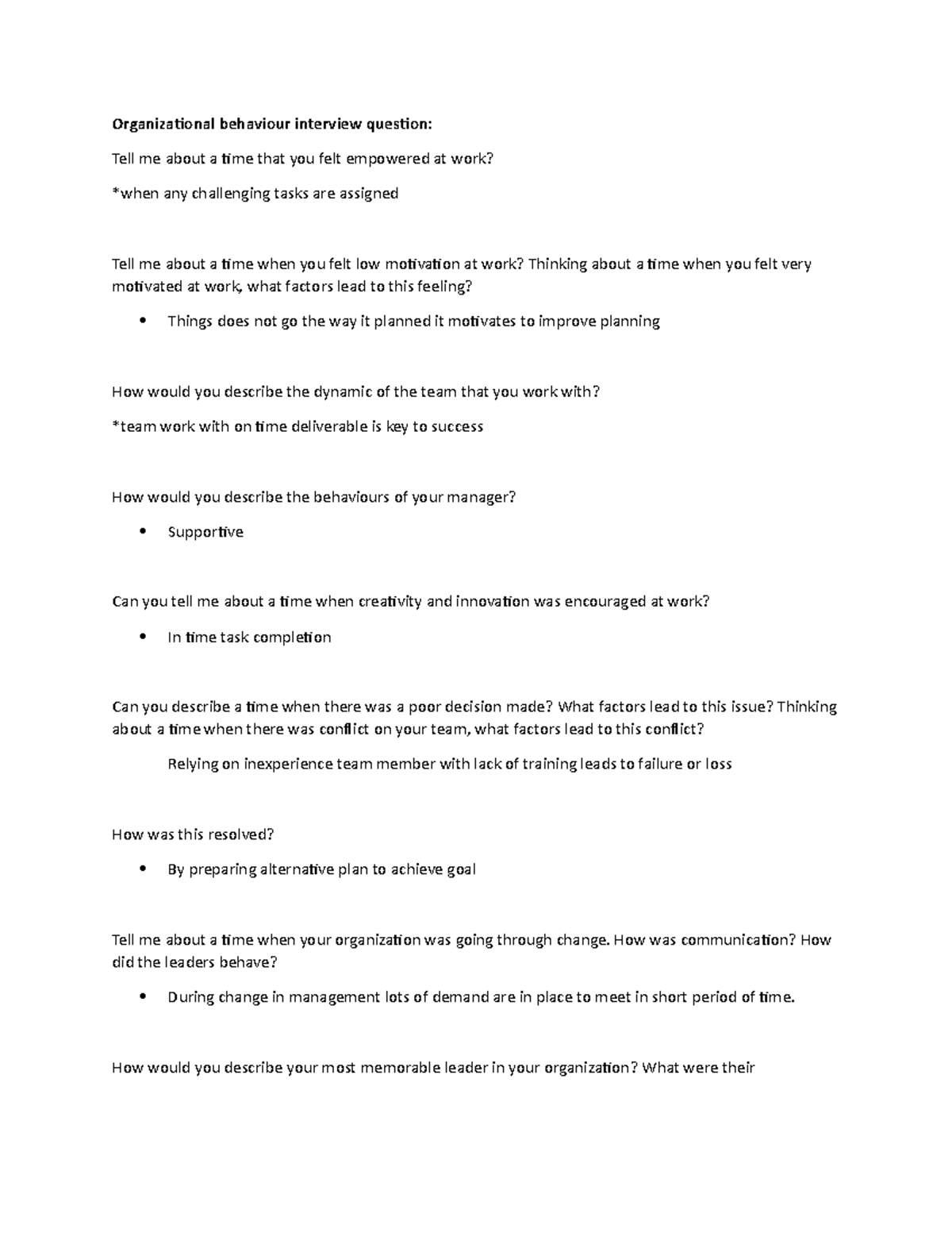 Organizational behaviour interview question assignment - BUS8375 ...