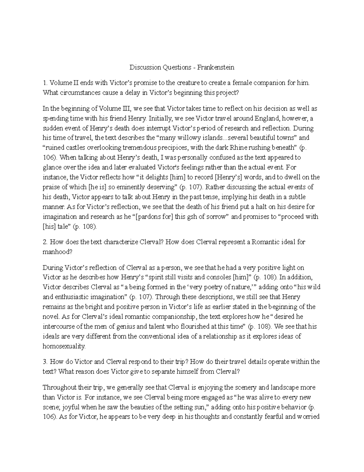 DQ Frankenstein pt. 6 Required Discussion Board Questions