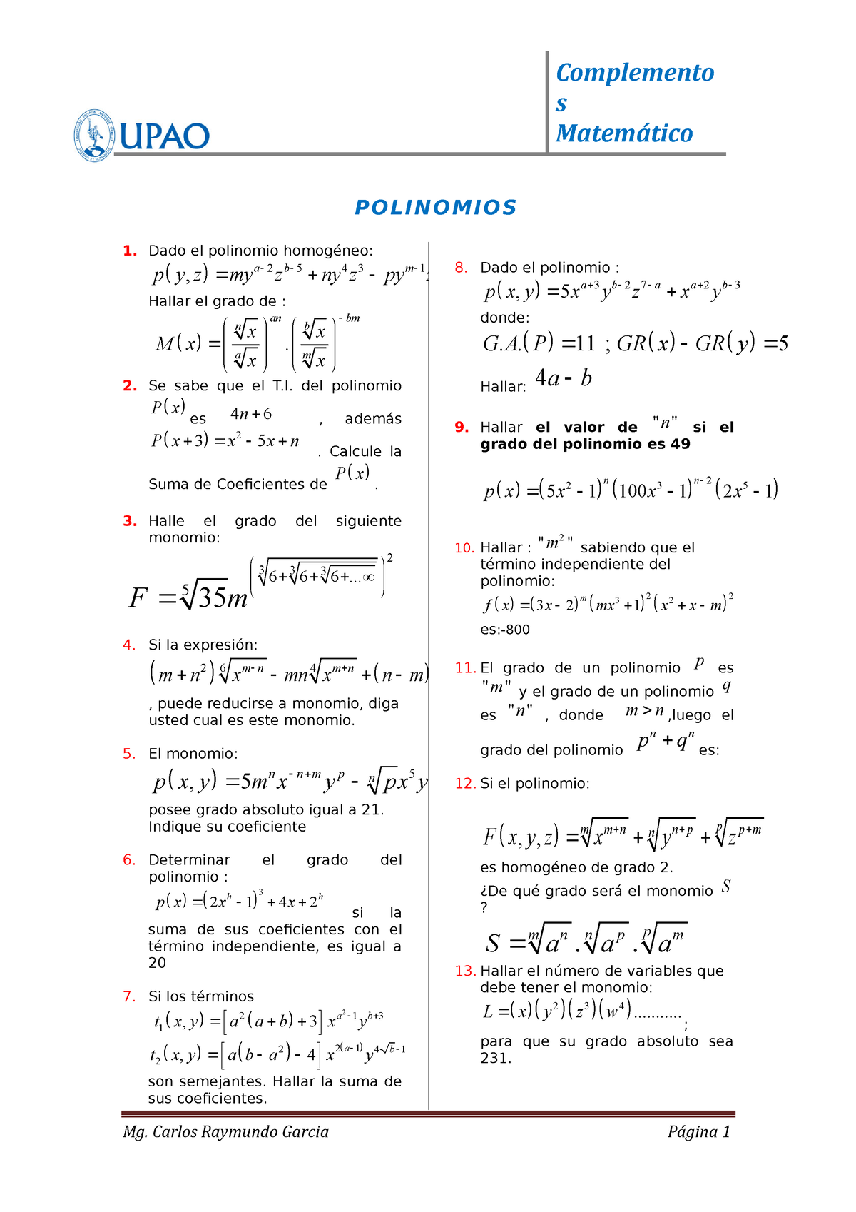 Semana 03 Expresiones Algebraicas Y Productos Notables S Matemático Polinomios Dado El 