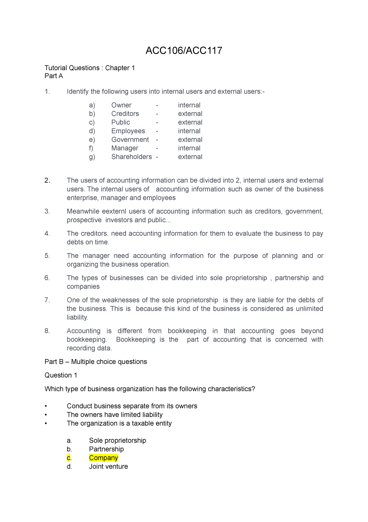 Tutorial Chapter 1 Acc106 Latest - ACC106/ACC Tutorial Questions ...