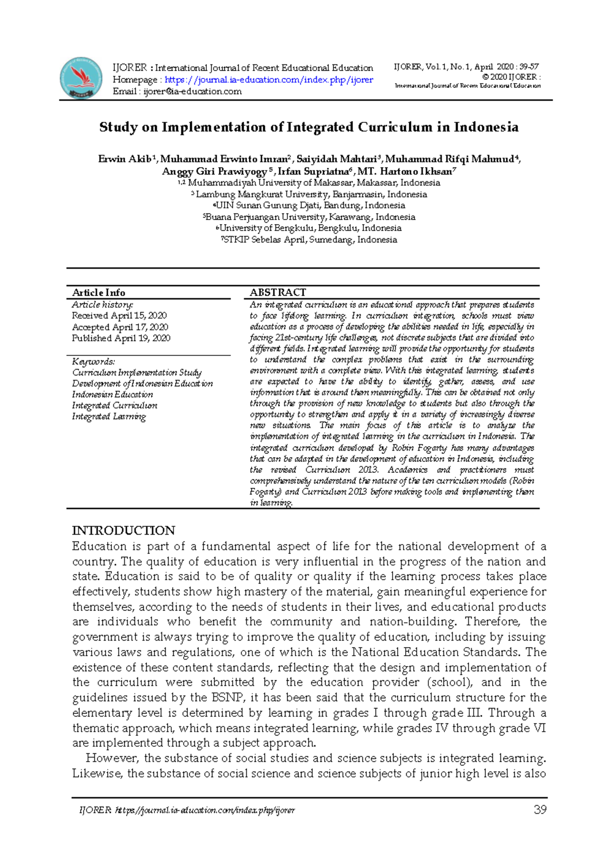 Integrated Curriculum IN Indonesia 1 - IJORER : International Journal ...