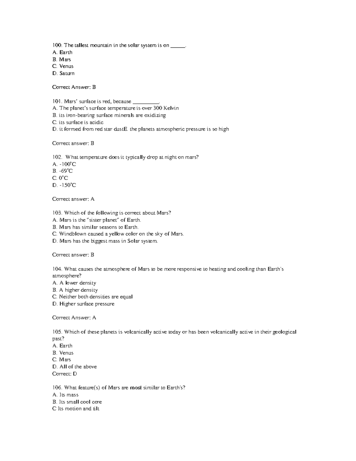 Mars Questions Test 2 Spring 2016 - 100. The tallest mountain in the ...