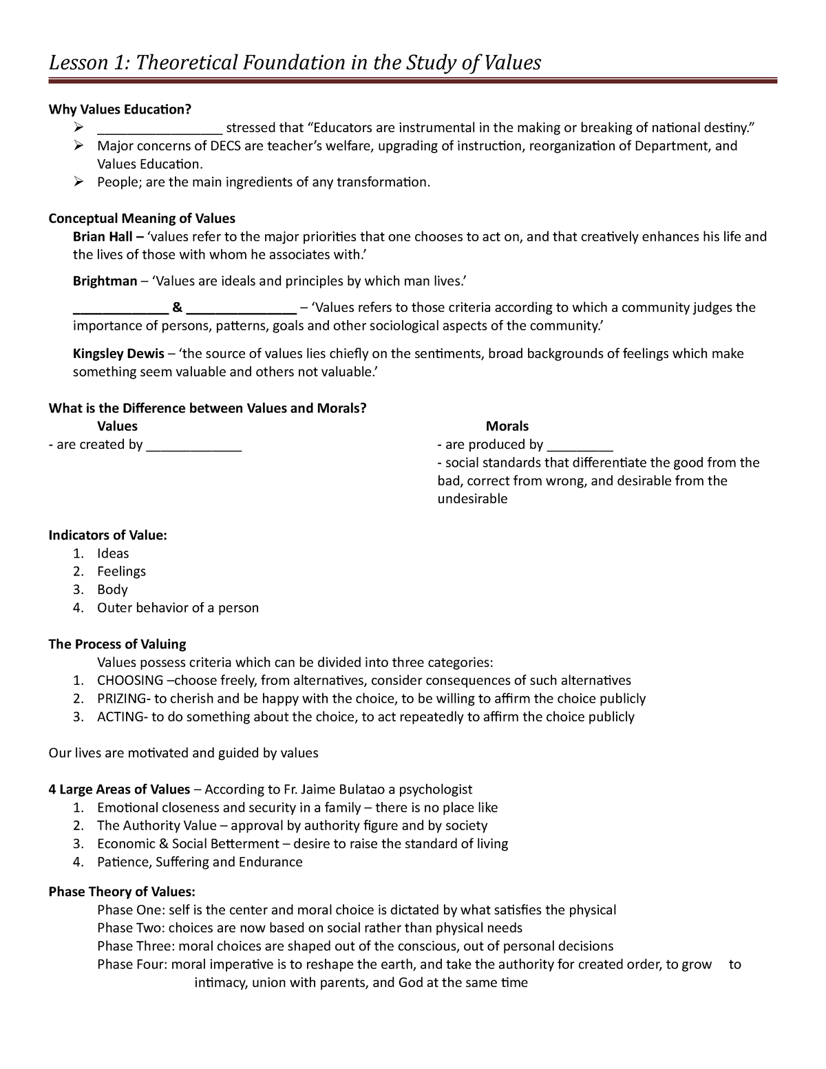 Lesson 1 Theoretical Foundation in the Study of Values (Student Notes ...