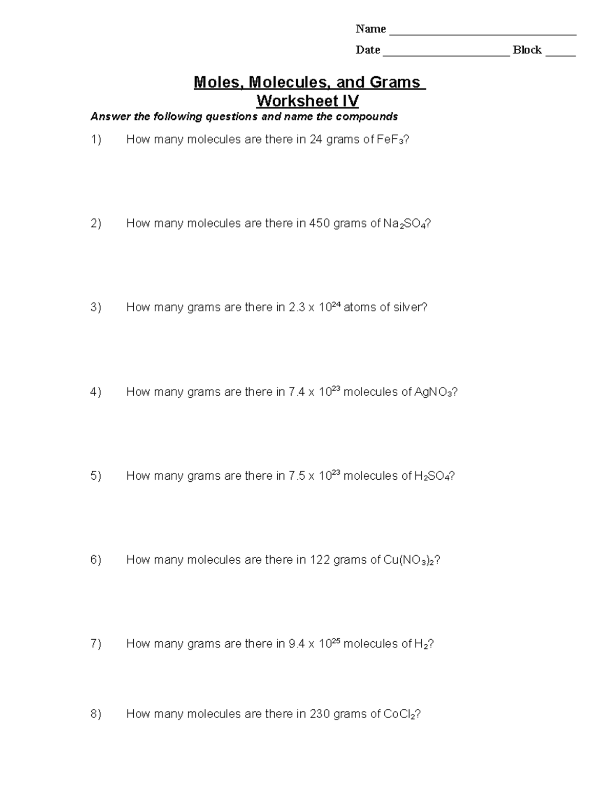 Worksheet chemistry - Moles, Molecules, and Grams Worksheet IV Answer ...