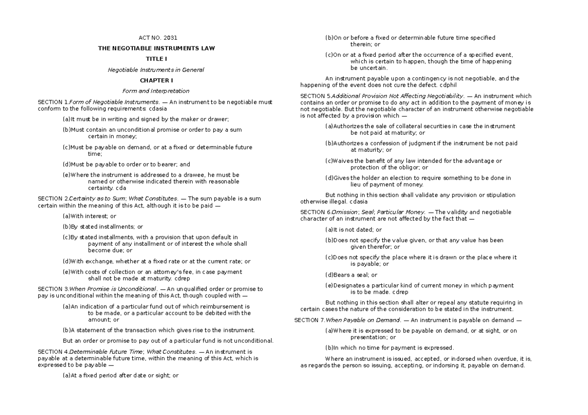 Act 2031 negotiable instruments law pdf - ACT NO. 2031 THE NEGOTIABLE ...