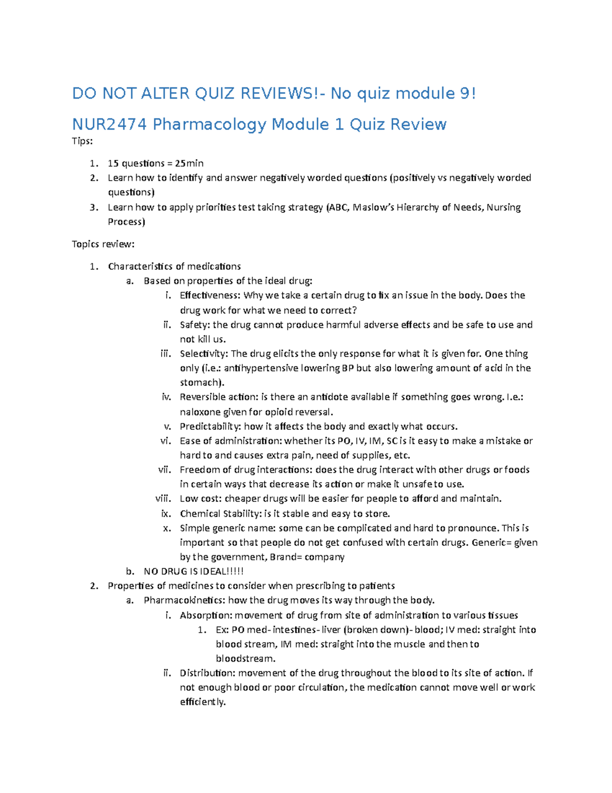 Pharm Quiz Reviews - NUR 2407 - Studocu